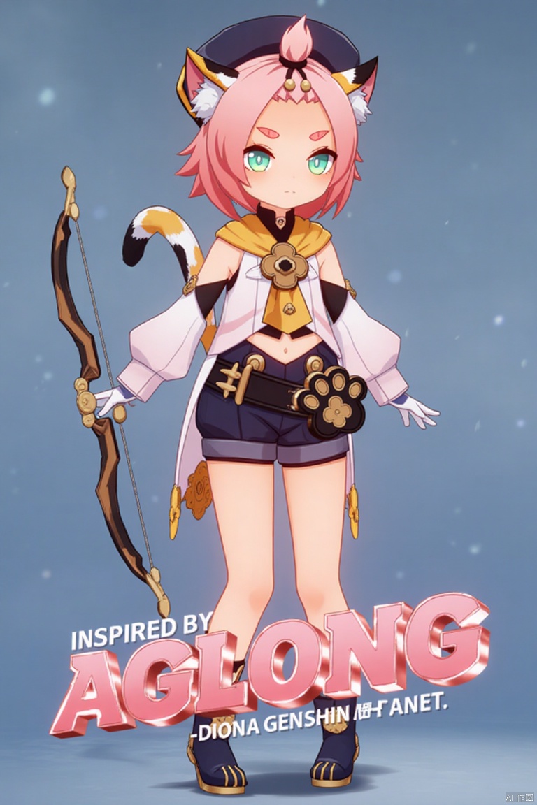 1girl, solo, looking at viewer with a smile, short pink hair, green eyes, standing full body, wearing long sleeves, black shorts, puffy shorts, puffy detached sleeves, white gloves, boots, hat, belt, navel exposed, cat ears, cat tail, animal ear fluff, paw print, bangs pinned back, holding a bow (weapon), thick eyebrows, calico pattern, cat girl theme, inspired by Diona (Genshin Impact). Movie poster style with three-dimensional text AGlong in the middle below, featuring a dynamic composition, cinematic lighting, vibrant colors, and a focus on the character's pose and weapon.