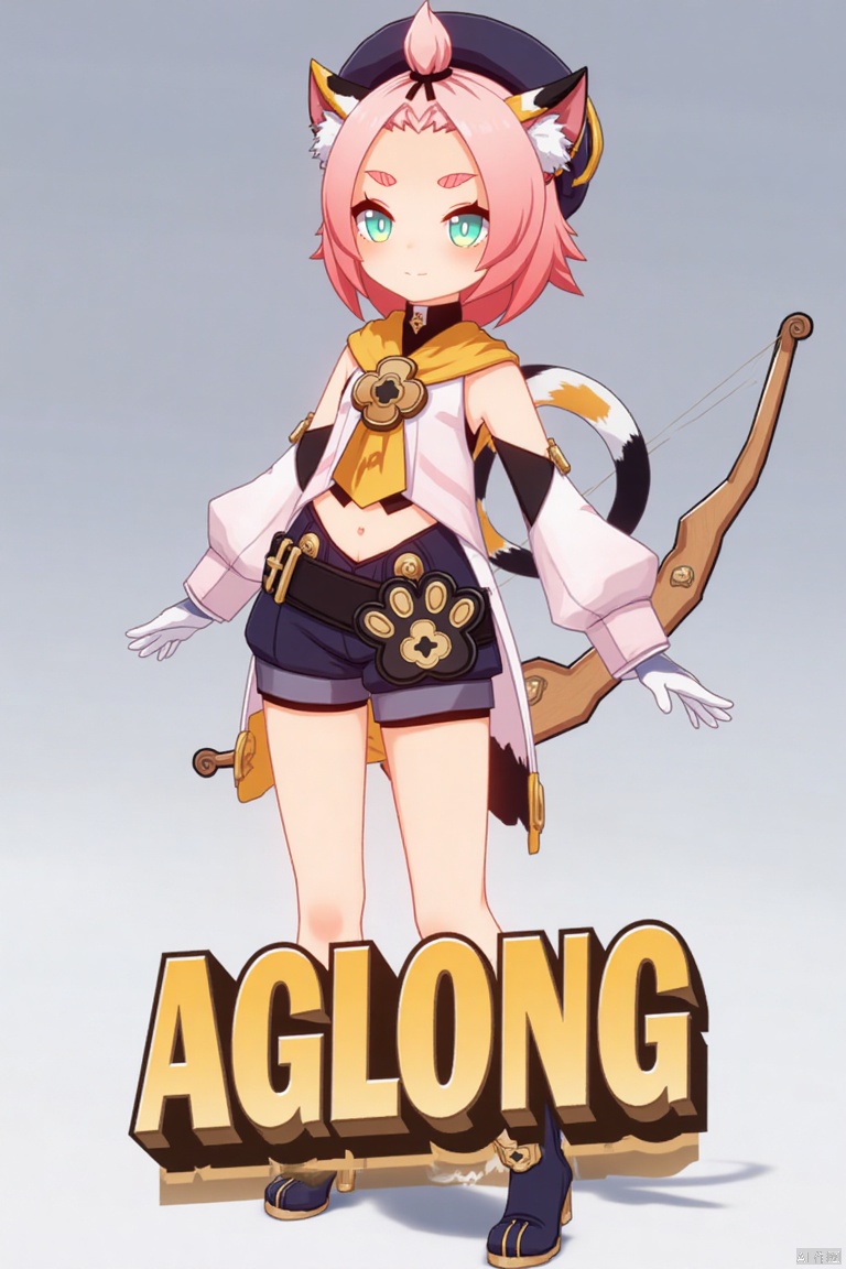 1girl, solo, looking at viewer with a smile, short pink hair, green eyes, standing full body, wearing long sleeves, black shorts, puffy shorts, puffy detached sleeves, white gloves, boots, hat, belt, navel exposed, cat ears, cat tail, animal ear fluff, paw print, bangs pinned back, holding a bow (weapon), thick eyebrows, calico pattern, cat girl theme, inspired by Diona (Genshin Impact). Movie poster style with three-dimensional text AGlong in the middle below, featuring a dynamic composition, cinematic lighting, vibrant colors, and a focus on the character's pose and weapon.