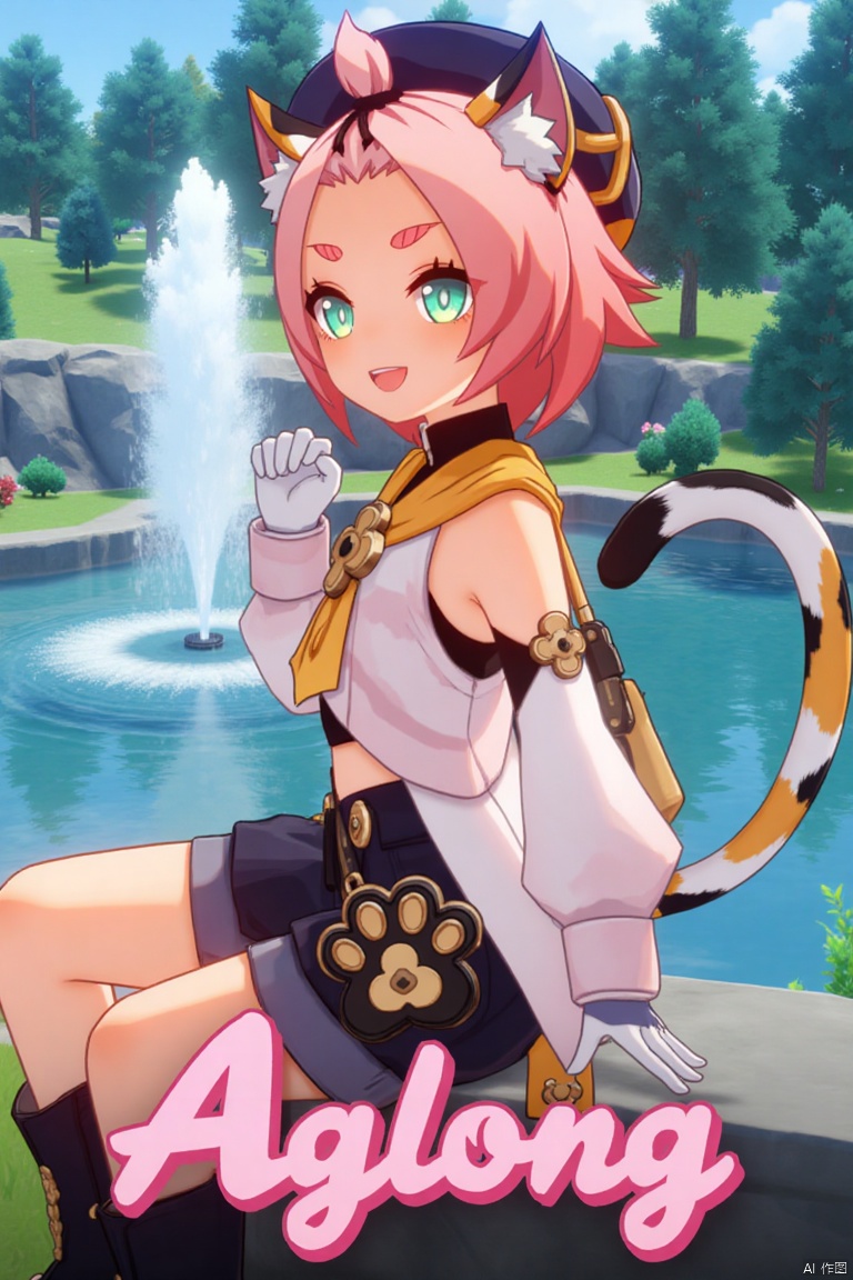 1girl, solo, looking at viewer with a smile, short pink hair, open mouth, green eyes, sitting outdoors near a fountain, wearing detached sleeves, black shorts, puffy shorts, white gloves, boots, hat, navel exposed, cat ears, cat tail, animal ear fluff, paw print, bangs pinned back, holding a bag, thick eyebrows, surrounded by a tree. Movie poster style with three-dimensional text AGlong in the middle below, featuring a dynamic composition, cinematic lighting, vibrant colors, and a cat girl theme inspired by Diona (Genshin Impact).