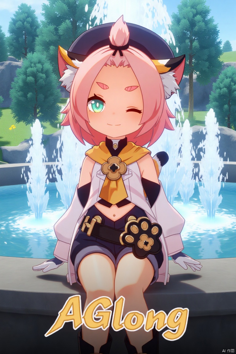 1girl, solo, looking at viewer with a smile, short pink hair, one eye closed, open mouth, green eyes, sitting outdoors near a fountain, wearing detached sleeves, black shorts, puffy shorts, white gloves, boots, hat, navel exposed, cat ears, cat tail, animal ear fluff, paw print, bangs pinned back, holding a bag, thick eyebrows, surrounded by a tree, cat girl theme, inspired by Diona (Genshin Impact). Movie poster style with three-dimensional text AGlong in the middle below, featuring a dynamic composition, cinematic lighting, and vibrant colors.