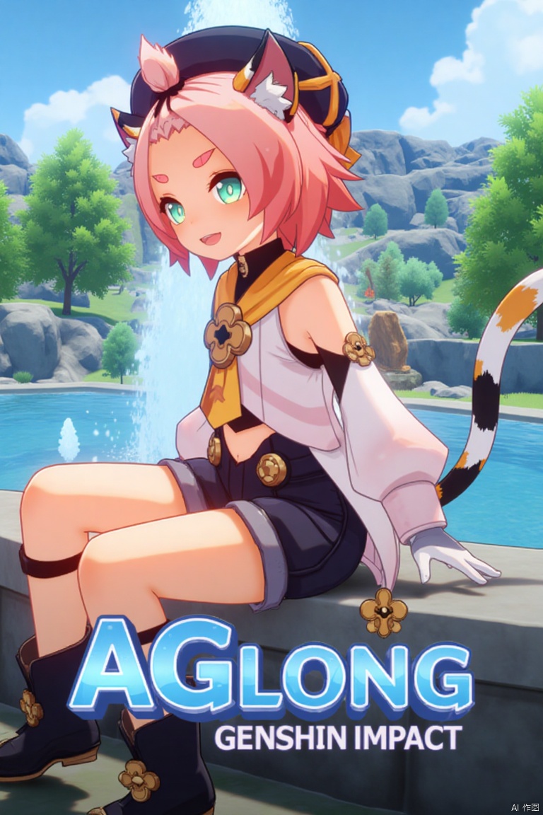 1girl, solo, looking at viewer with a smile, short pink hair, open mouth, green eyes, sitting outdoors near a fountain, wearing detached sleeves, black shorts, puffy shorts, white gloves, boots, hat, navel exposed, cat ears, cat tail, animal ear fluff, paw print, bangs pinned back, holding a bag, thick eyebrows, surrounded by a tree. Movie poster style with three-dimensional text AGlong in the middle below, featuring a dynamic composition, cinematic lighting, vibrant colors, and a cat girl theme inspired by Diona (Genshin Impact).