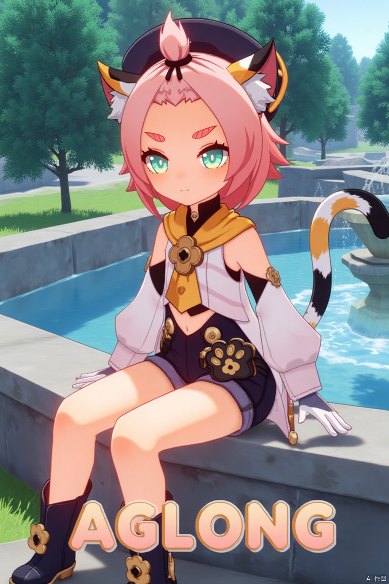 1girl, solo, looking at viewer with a smile, short pink hair, open mouth, green eyes, sitting outdoors near a fountain, wearing detached sleeves, black shorts, puffy shorts, white gloves, boots, hat, navel exposed, cat ears, cat tail, animal ear fluff, paw print, bangs pinned back, holding a bag, thick eyebrows, surrounded by a tree. Movie poster style with three-dimensional text AGlong in the middle below, featuring a dynamic composition, cinematic lighting, vibrant colors, and a cat girl theme inspired by Diona (Genshin Impact).