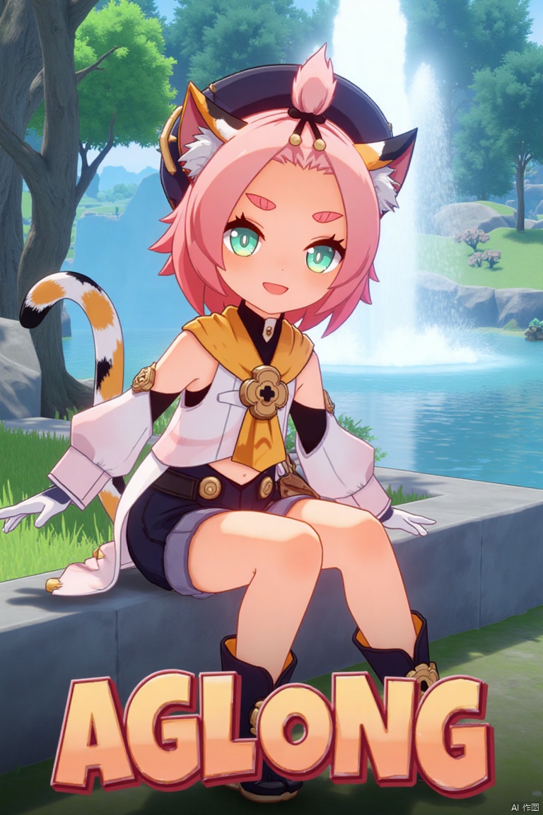 1girl, solo, looking at viewer with a smile, short pink hair, open mouth, green eyes, sitting outdoors near a fountain, wearing detached sleeves, black shorts, puffy shorts, white gloves, boots, hat, navel exposed, cat ears, cat tail, animal ear fluff, paw print, bangs pinned back, holding a bag, thick eyebrows, surrounded by a tree. Movie poster style with three-dimensional text AGlong in the middle below, featuring a dynamic composition, cinematic lighting, vibrant colors, and a cat girl theme inspired by Diona (Genshin Impact).
