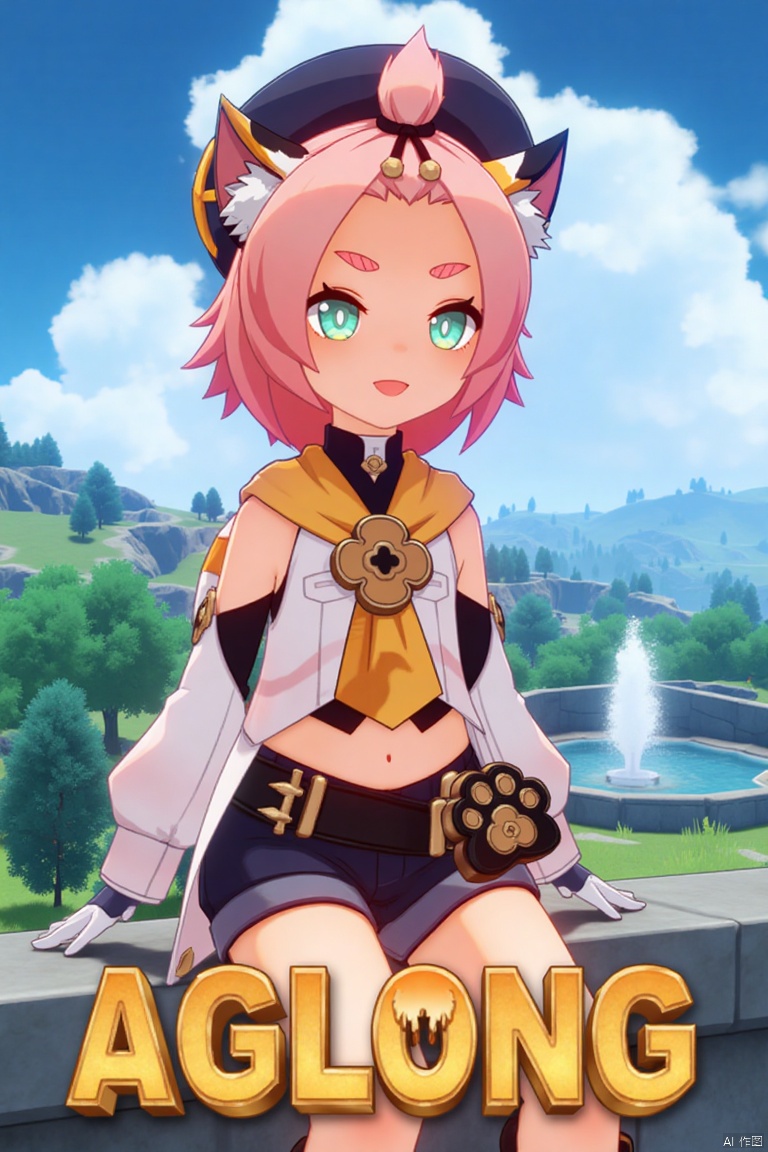 1girl, solo, looking at viewer with a smile, short pink hair, open mouth, green eyes, sitting outdoors near a fountain, wearing detached sleeves, black shorts, puffy shorts, white gloves, boots, hat, navel exposed, cat ears, cat tail, animal ear fluff, paw print, bangs pinned back, holding a bag, thick eyebrows, surrounded by a tree. Movie poster style with three-dimensional text AGlong in the middle below, featuring a dynamic composition, cinematic lighting, vibrant colors, and a cat girl theme inspired by Diona (Genshin Impact).