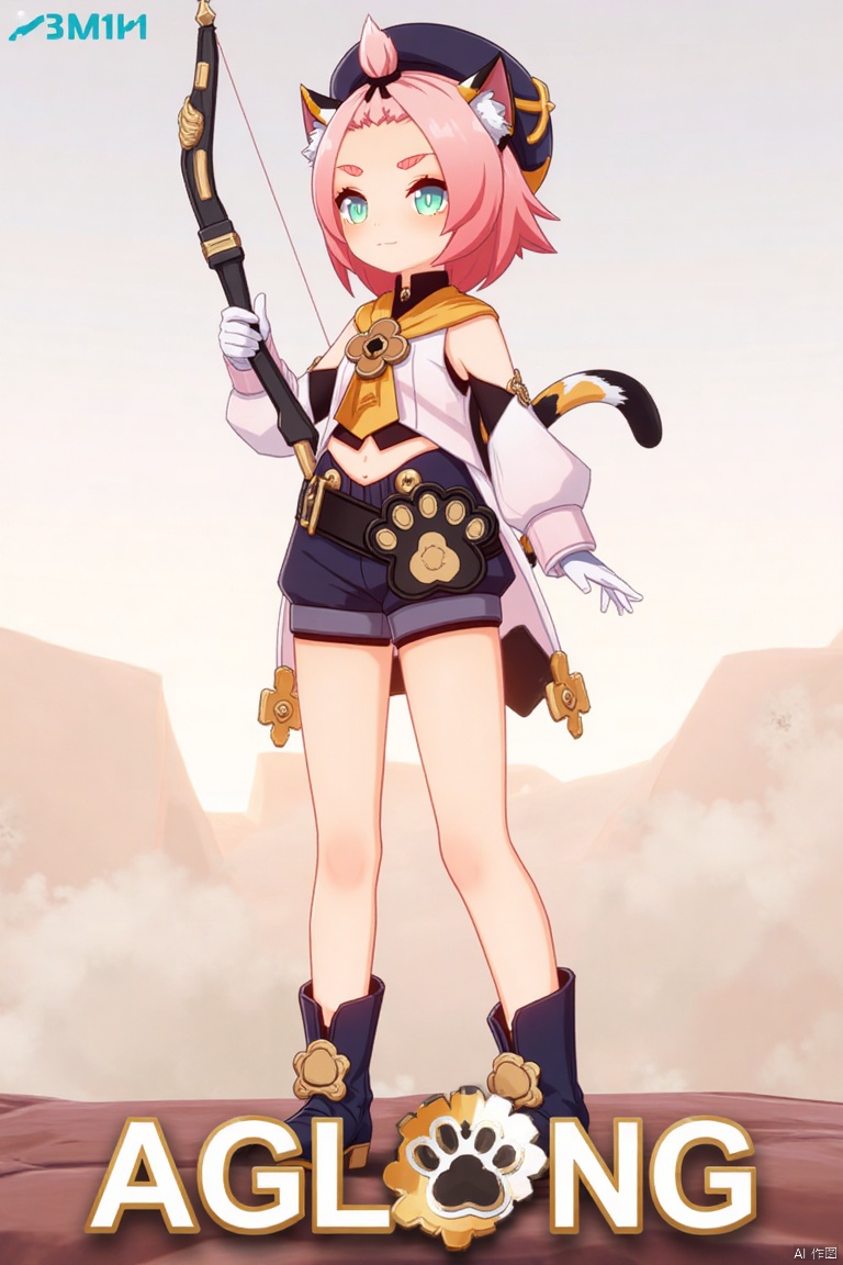 1girl, solo, looking at viewer with a smile, short pink hair, green eyes, standing full body, wearing long sleeves, black shorts, puffy shorts, puffy detached sleeves, white gloves, boots, hat, belt, navel exposed, cat ears, cat tail, animal ear fluff, paw print, bangs pinned back, holding a bow (weapon), thick eyebrows, calico pattern, cat girl theme, inspired by Diona (Genshin Impact). Movie poster style with three-dimensional text AGlong in the middle below, featuring a dynamic composition, cinematic lighting, vibrant colors, and a focus on the character's pose and weapon.