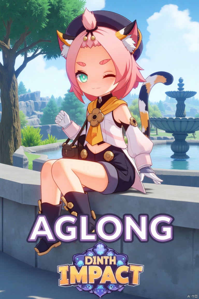 1girl, solo, looking at viewer with a smile, short pink hair, one eye closed, open mouth, green eyes, sitting outdoors near a fountain, wearing detached sleeves, black shorts, puffy shorts, white gloves, boots, hat, navel exposed, cat ears, cat tail, animal ear fluff, paw print, bangs pinned back, holding a bag, thick eyebrows, surrounded by a tree, cat girl theme, inspired by Diona (Genshin Impact). Movie poster style with three-dimensional text AGlong in the middle below, featuring a dynamic composition, cinematic lighting, and vibrant colors.