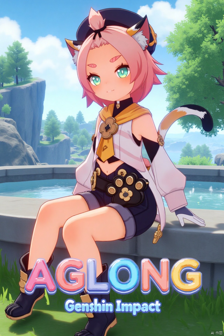 1girl, solo, looking at viewer with a smile, short pink hair, one eye closed, open mouth, green eyes, sitting outdoors near a fountain, wearing detached sleeves, black shorts, puffy shorts, white gloves, boots, hat, navel exposed, cat ears, cat tail, animal ear fluff, paw print, bangs pinned back, holding a bag, thick eyebrows, surrounded by a tree, cat girl theme, inspired by Diona (Genshin Impact). Movie poster style with three-dimensional text AGlong in the middle below, featuring a dynamic composition, cinematic lighting, and vibrant colors.