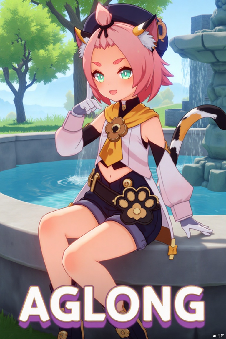 1girl, solo, looking at viewer with a smile, short pink hair, open mouth, green eyes, sitting outdoors near a fountain, wearing detached sleeves, black shorts, puffy shorts, white gloves, boots, hat, navel exposed, cat ears, cat tail, animal ear fluff, paw print, bangs pinned back, holding a bag, thick eyebrows, surrounded by a tree. Movie poster style with three-dimensional text AGlong in the middle below, featuring a dynamic composition, cinematic lighting, vibrant colors, and a cat girl theme inspired by Diona (Genshin Impact).