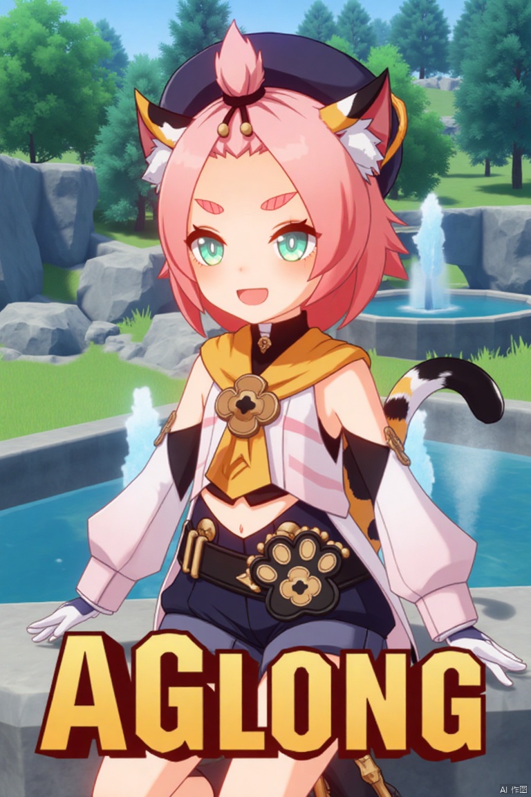 1girl, solo, looking at viewer with a smile, short pink hair, open mouth, green eyes, sitting outdoors near a fountain, wearing detached sleeves, black shorts, puffy shorts, white gloves, boots, hat, navel exposed, cat ears, cat tail, animal ear fluff, paw print, bangs pinned back, holding a bag, thick eyebrows, surrounded by a tree. Movie poster style with three-dimensional text AGlong in the middle below, featuring a dynamic composition, cinematic lighting, vibrant colors, and a cat girl theme inspired by Diona (Genshin Impact).