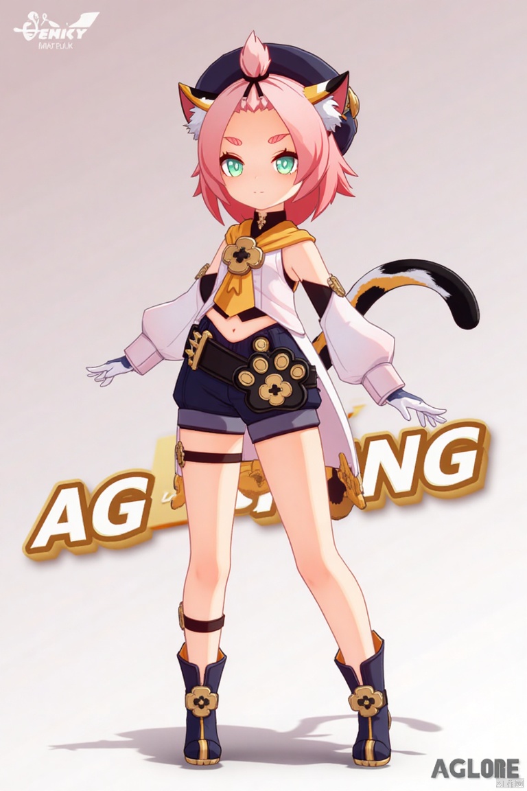 1girl, solo, looking at viewer with a smile, short pink hair, green eyes, standing full body, wearing long sleeves, black shorts, puffy shorts, puffy detached sleeves, white gloves, boots, hat, belt, navel exposed, cat ears, cat tail, animal ear fluff, paw print, bangs pinned back, holding a bow (weapon), thick eyebrows, calico pattern, cat girl theme, inspired by Diona (Genshin Impact). Movie poster style with three-dimensional text AGlong in the middle below, featuring a dynamic composition, cinematic lighting, vibrant colors, and a focus on the character's pose and weapon.