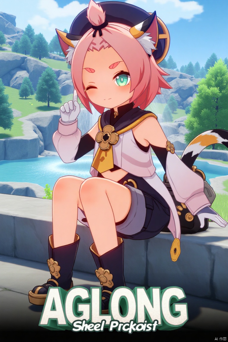 1girl, solo, looking at viewer with a smile, short pink hair, one eye closed, open mouth, green eyes, sitting outdoors near a fountain, wearing detached sleeves, black shorts, puffy shorts, white gloves, boots, hat, navel exposed, cat ears, cat tail, animal ear fluff, paw print, bangs pinned back, holding a bag, thick eyebrows, surrounded by a tree, cat girl theme, inspired by Diona (Genshin Impact). Movie poster style with three-dimensional text AGlong in the middle below, featuring a dynamic composition, cinematic lighting, and vibrant colors.