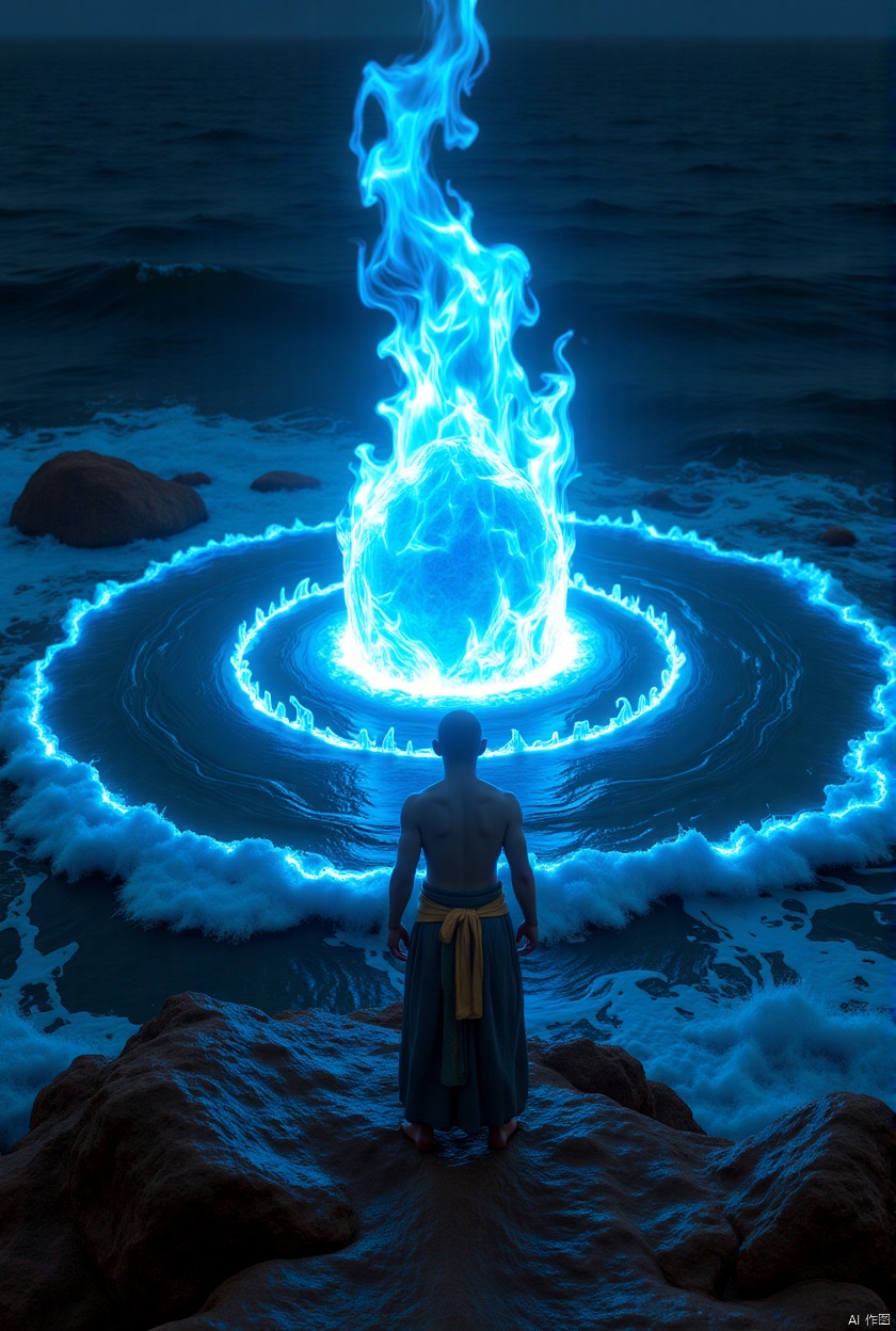 huoyanguangxiao,nz, On the rooftop of an ancient temple, a gemstone emits a powerful blue light, its radiance forming concentric ripples on the surface of the sea. The waves grow more turbulent, and within the foaming crests, a faint silhouette can be seen, seemingly the spirit of Nezha awakening.

The composition is a full-body shot, captured in a dark color palette with intense spotlighting. The lighting creates a dramatic, triangular composition, and the camera uses rapid panning and wide-angle shots to emphasize his imposing presence. He stands facing the camera, positioned at a distance, creating a sense of grandeur and majesty. The image is a masterpiece, rendered in vibrant color with a complete and balanced composition.

The 3D effect is meticulously crafted, using professional photography techniques and high-definition cameras to capture every intricate detail. The use of future technology and Tyndall lighting effects enhances the fantastical and dreamy atmosphere. His skin is pale, adding to the surreal and artistic style. The studio lighting, with top-down illumination, creates a cinematic and hyper-realistic look, blending the realms of fantasy and reality.