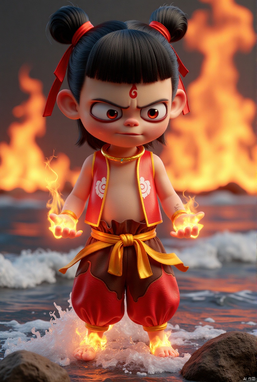 huoyanguangxiao,nz,In a stunning CGI image, Nezha is depicted as a charming young Asian boy with black hair tied in a topknot. He is dressed in vibrant red and gold attire, adorned with a belt, and red ribbons that flutter gracefully around him. Small, fiery embers dance around the ribbons. Beneath his feet, flames roar and rise, while in the background, towering infernos stretch towards the sky. At his feet, tumultuous waves crash and churn, creating a dramatic and dynamic scene.