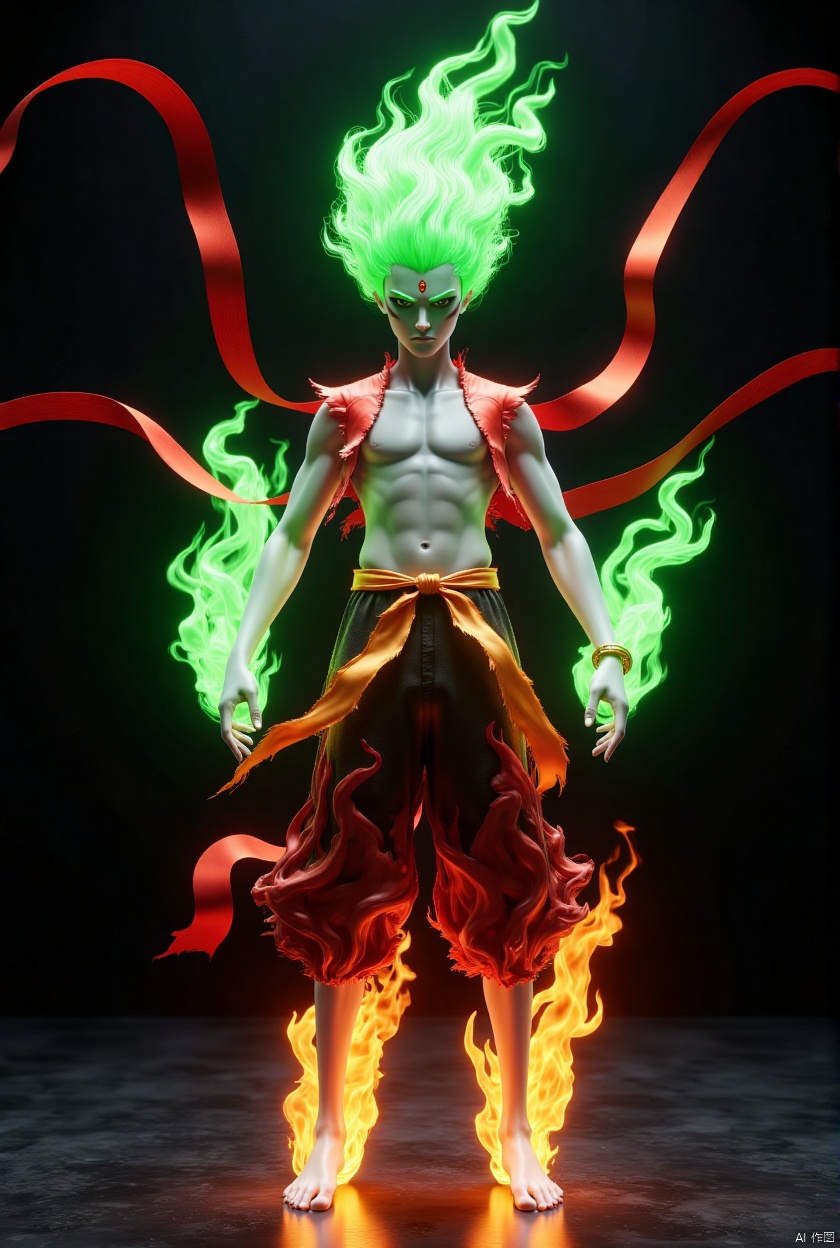 huoyanguangxiao,nz, In the heart of a dark, moody studio, Nezha stands at the age of 7, his appearance both awe-inspiring and otherworldly. He has three heads and six arms, with the Ganges River flowing from the top of his head. His body is adorned with red flying ribbons, and green clouds emanate from his mouth. He stands on wind and fire wheels, which give him an ethereal presence. Red ribbons are wrapped around his body, and a golden bracelet (Qiankun Circle) encircles his wrist. A red belly band (Huntian Ling) is tied around his stomach. His demeanor is cold and mysterious, exuding a powerful aura of destruction.

The composition is a full-body shot, captured in a dark color palette with intense spotlighting. The lighting creates a dramatic, triangular composition, and the camera uses rapid panning and wide-angle shots to emphasize his imposing presence. He stands facing the camera, positioned at a distance, creating a sense of grandeur and majesty. The image is a masterpiece, rendered in vibrant color with a complete and balanced composition.

The 3D effect is meticulously crafted, using professional photography techniques and high-definition cameras to capture every intricate detail. The use of future technology and Tyndall lighting effects enhances the fantastical and dreamy atmosphere. His skin is pale, adding to the surreal and artistic style. The studio lighting, with top-down illumination, creates a cinematic and hyper-realistic look, blending the realms of fantasy and reality.,tyz