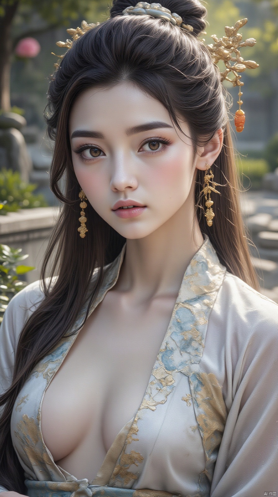 A close-up shot of a stunning Chinese beauty wearing traditional hanfu attire,  her porcelain skin glowing with a soft gol...