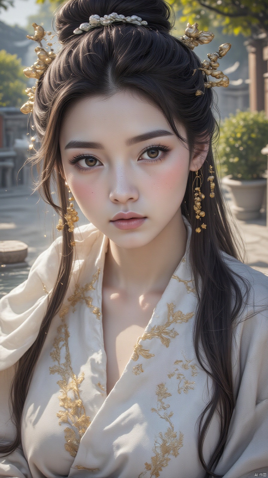A close-up shot of a stunning Chinese beauty wearing traditional hanfu attire,  her porcelain skin glowing with a soft gol...