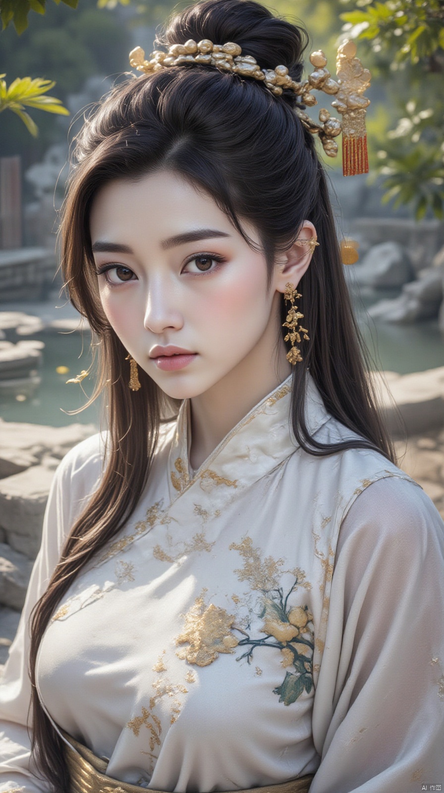 A close-up shot of a stunning Chinese beauty wearing traditional hanfu attire,  her porcelain skin glowing with a soft gol...