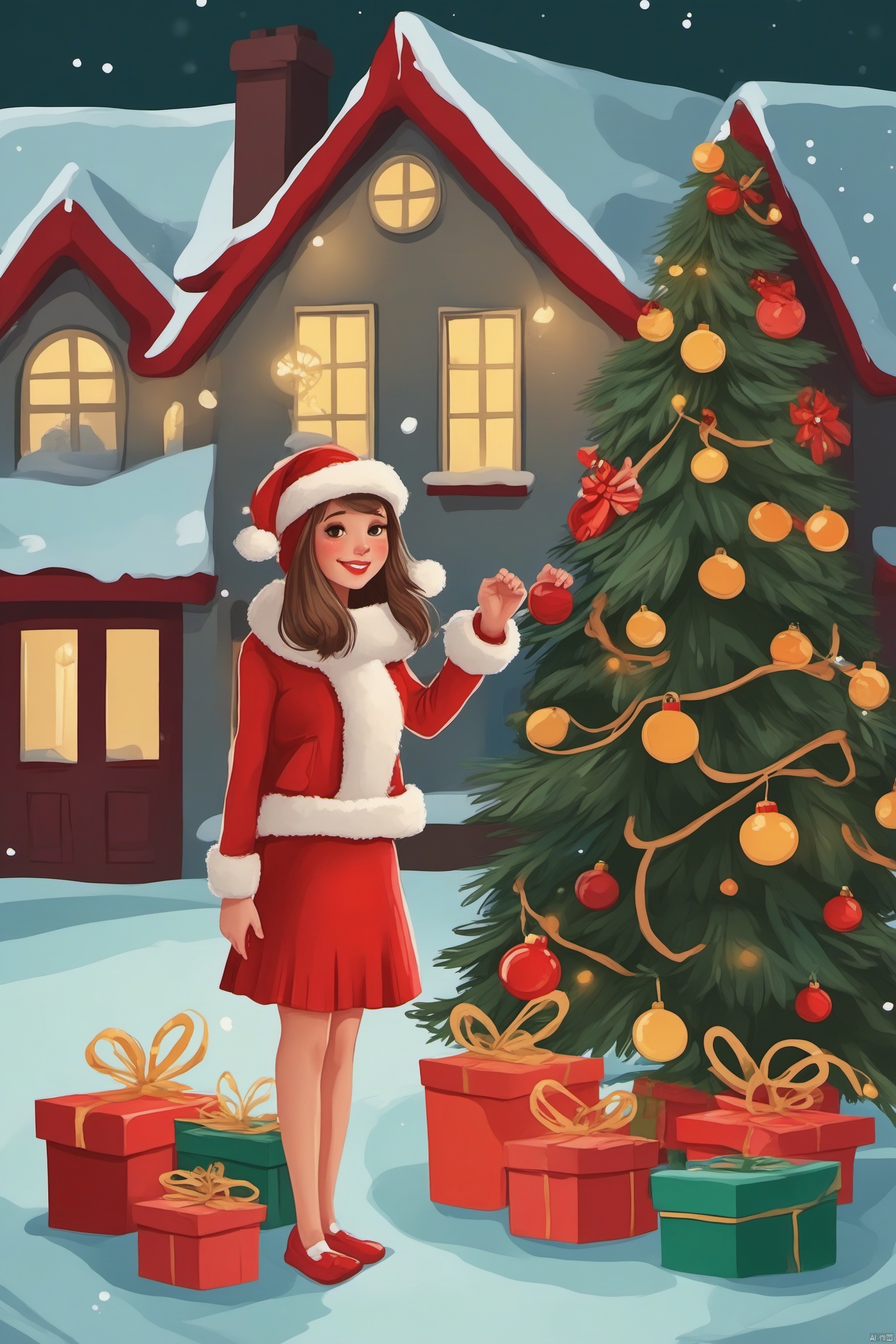 Christmas, a fashionable girl dressed beautifully, wearing Christmas clothes and a Christmas hat, with a house full of Christmas atmosphere in the background