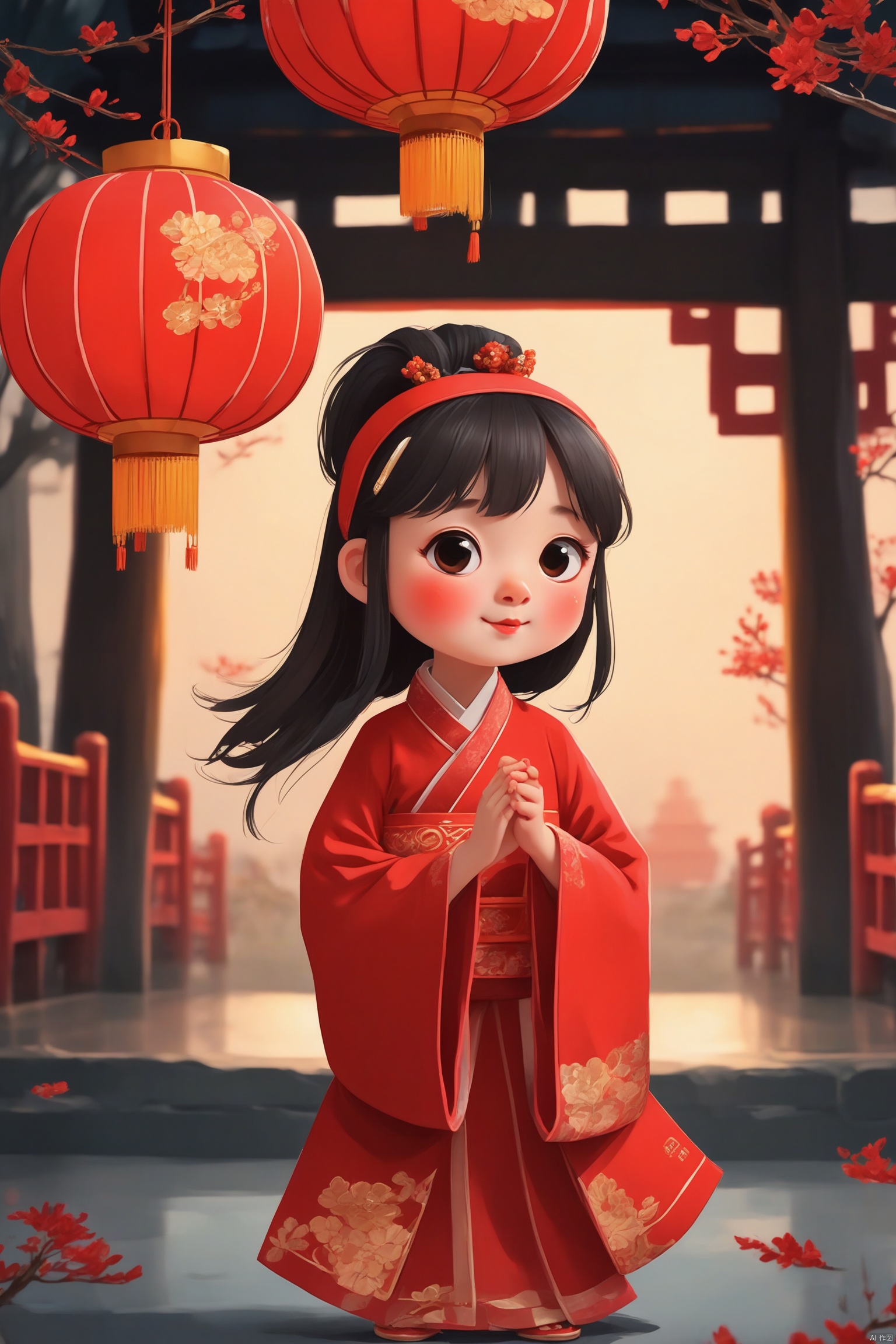 A little girl in Red Hanfu, New Year, festive, happy, red lantern, high resolution, added detail, background blur/Bokeh