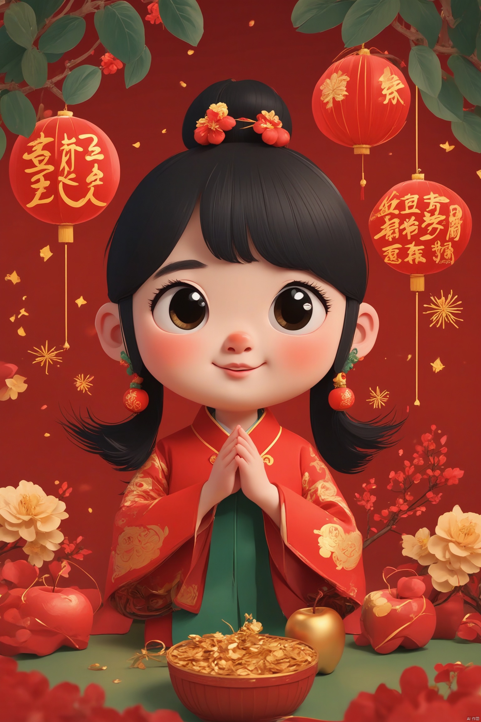  No human, Peace, guochao,guo chao, Chinese style, red background, festive, apple, Chinese knot, New Year, firecrackers, blessing,Little flower, little star,movie texture, great work, best picture quality, best work, 8k, clear details, rich details