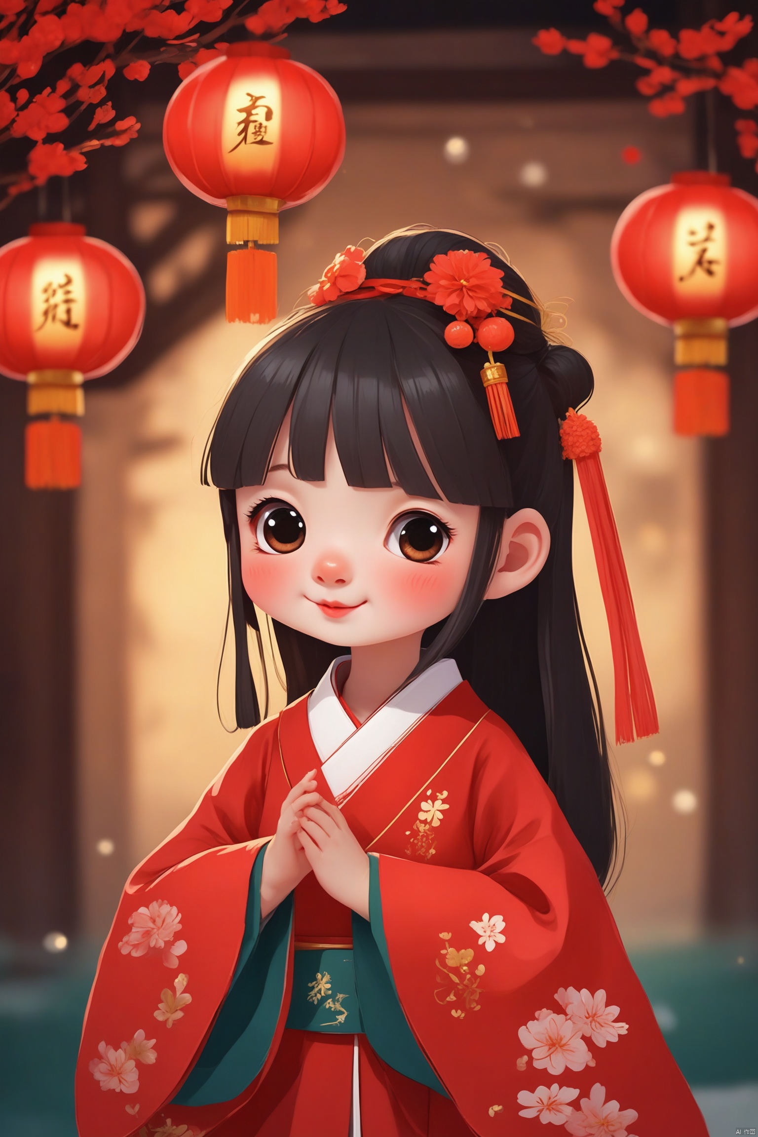 A little girl in Red Hanfu, New Year, festive, happy, red lantern, high resolution, added detail, background blur/Bokeh