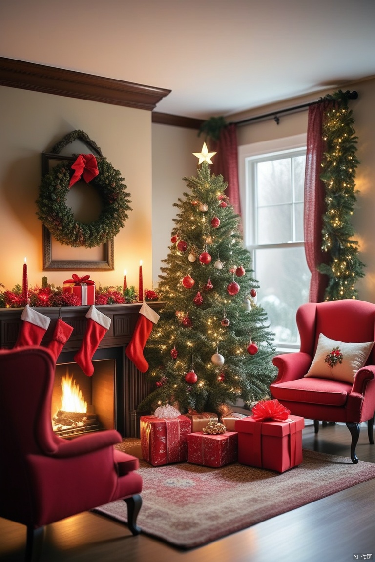 A house with Christmas decorations, including a Christmas tree, ornaments, gift boxes, armchairs, and a close-up of the fireplace