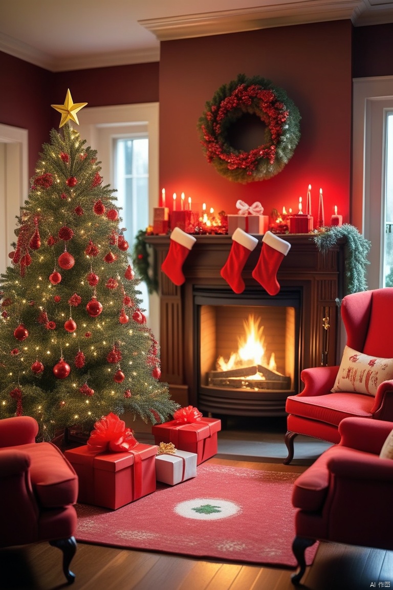A house with Christmas decorations, including a Christmas tree, decorations, gift boxes, armchairs, and a close-up of a fireplace, with a red theme