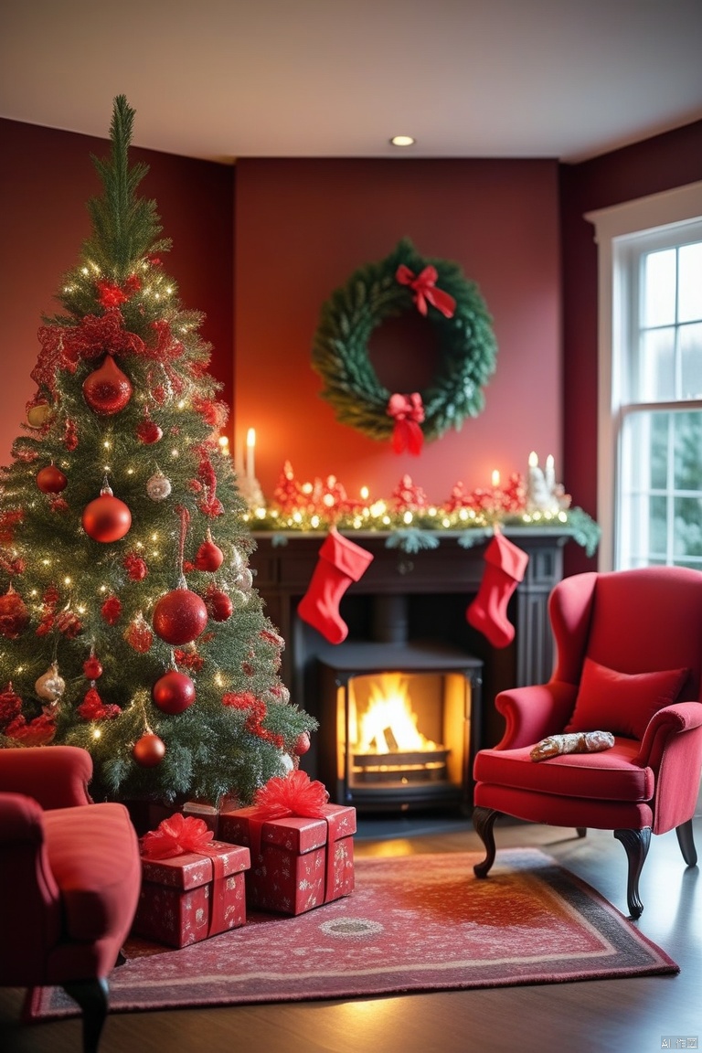 A house with Christmas decorations, including a Christmas tree, decorations, gift boxes, armchairs, and a close-up of a fireplace, with a red theme