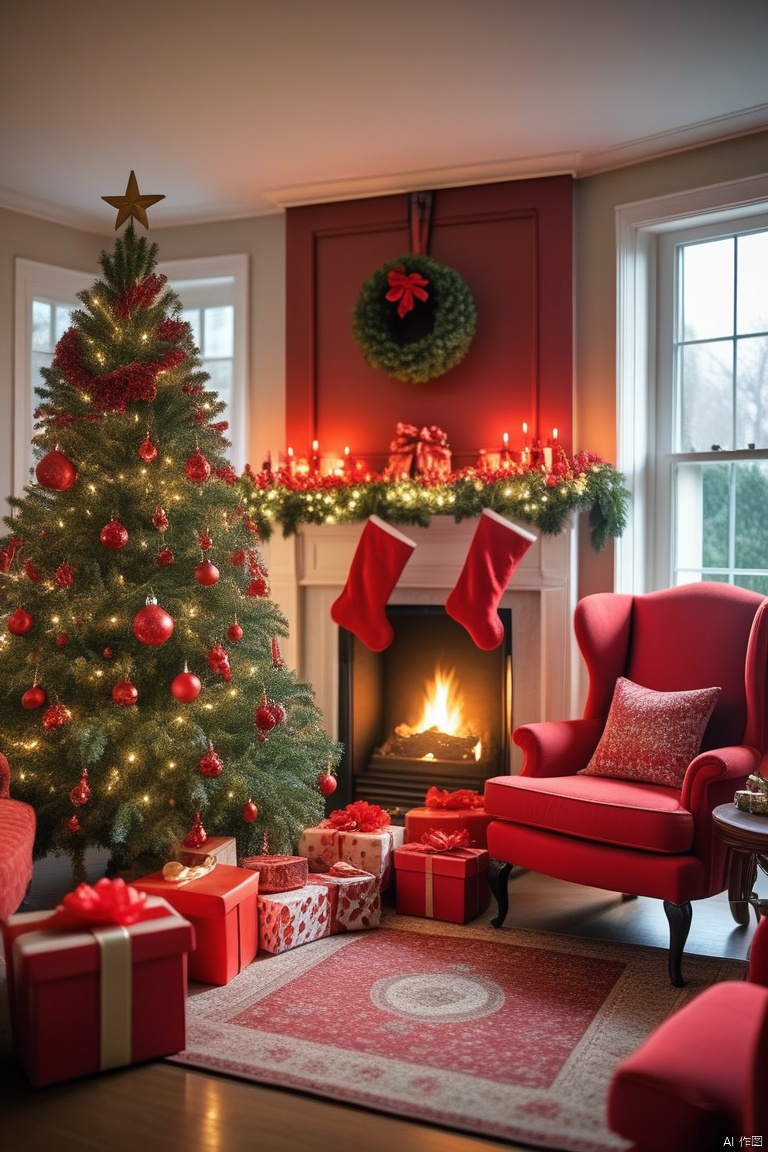 A house with Christmas decorations, including a Christmas tree, decorations, gift boxes, armchairs, and a close-up of a fireplace, with a red theme