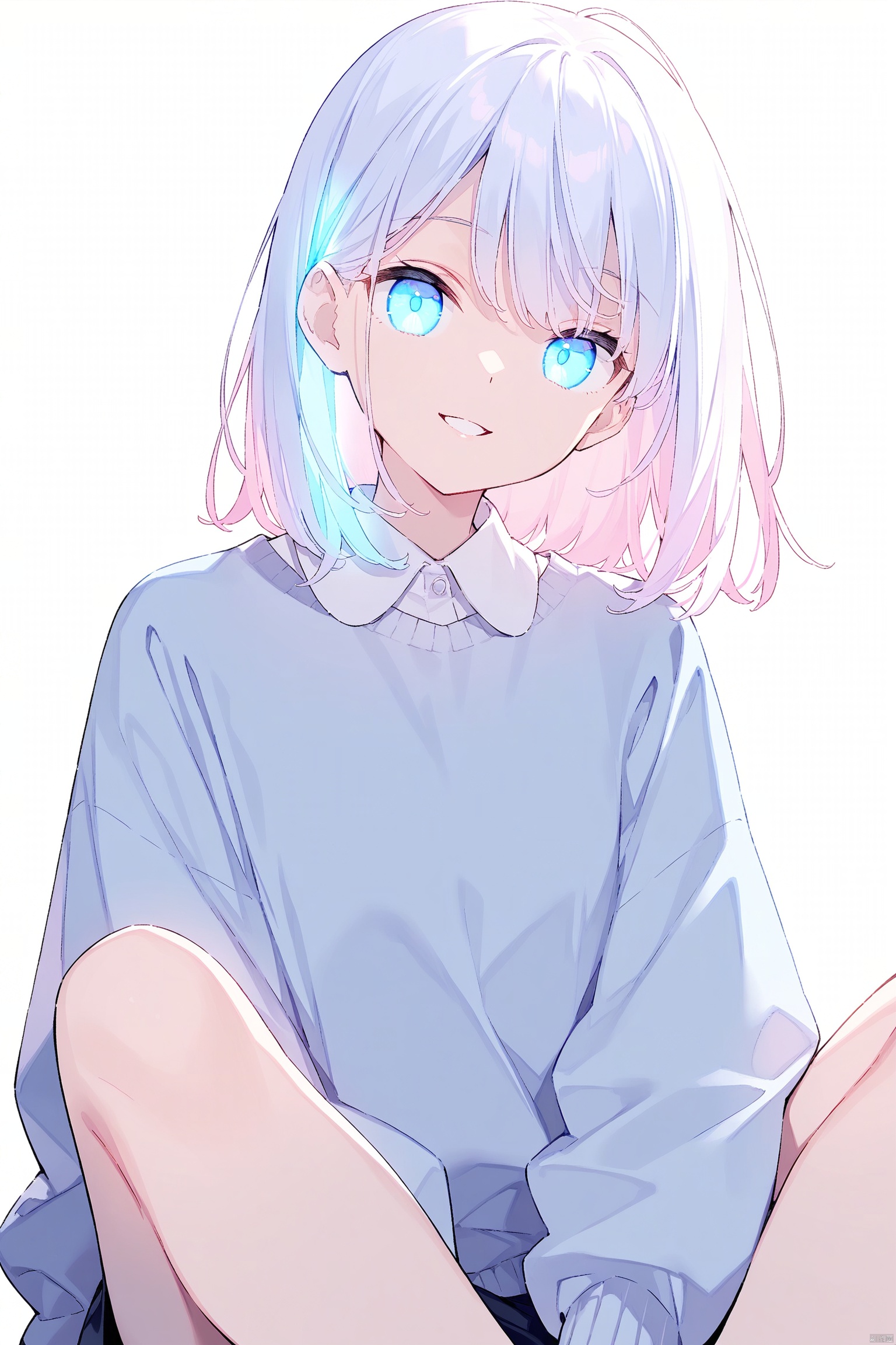 1girl, solo, looking at viewer, glowing, parted lips, blue eyes, glowing hair, medium hair, smile, pink hair, backlighting, white hair, sweater, blue hair, multicolored hair, glowing eyes, simple background, shirt, sitting, long sleeves