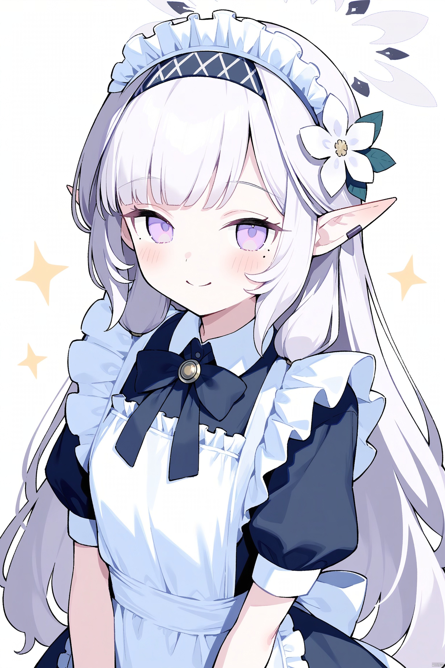 1girl, himari (blue archive), mole under eye, mole, solo, pointy ears, alternate costume, apron, purple eyes, halo, black hairband, long hair, smile, white background, flower, hairband, short sleeves, enmaided, hair ornament, simple background, maid, looking at viewer, white apron, black bowtie, black bow, closed mouth, blush, hair flower, bow, frilled apron, dress, frills, puffy sleeves, maid apron, black dress, puffy short sleeves, bowtie, upper body, white flower, white hair, earclip, striped hairband, grey hair, sparkle