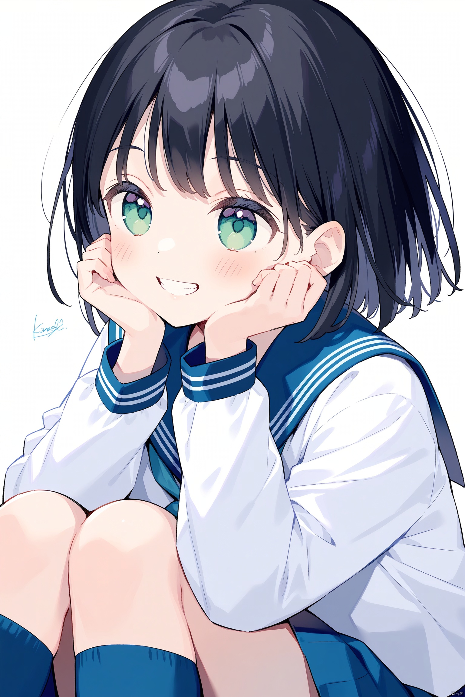 1girl, solo, black hair, school uniform, white background, smile, simple background, green eyes, signature, skirt, serafuku, blue skirt, sailor collar, blue socks, long sleeves, socks, grin, blue sailor collar, blush, pleated skirt, head rest, white shirt, shirt, short hair, hands on own face, kneehighs, sitting, hands on own cheeks, teeth, medium hair, hands up, knees up, looking ahead, looking to the side