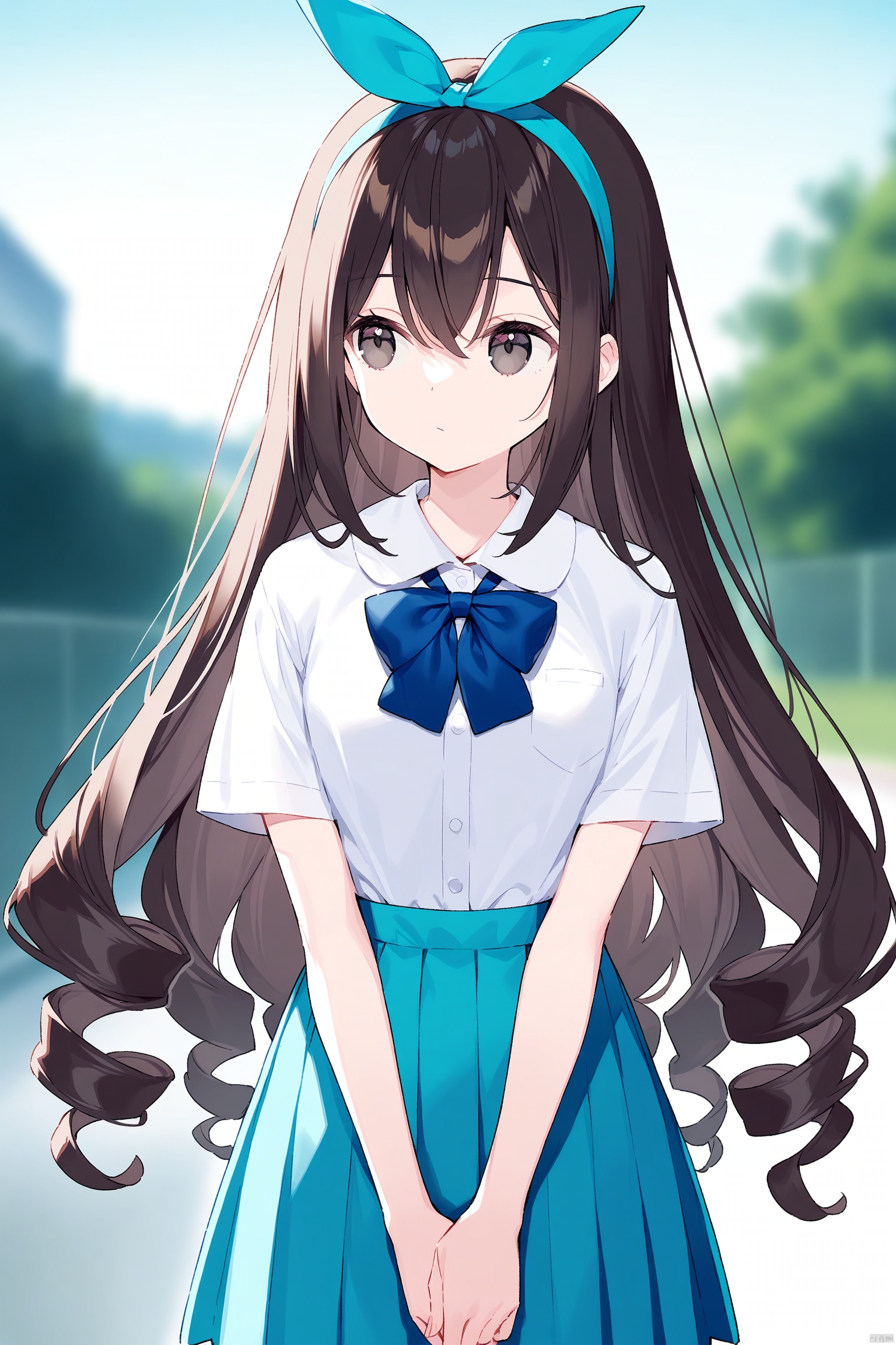 1girl, skirt, shirt, long hair, solo, white shirt, bow, blurry, bowtie, outdoors, short sleeves, blurry background, pleated skirt, blue bow, drill hair, blue skirt, school uniform, own hands together, bow hairband, collared shirt, hairband, closed mouth, cowboy shot, standing, blue bowtie, looking to the side, shirt tucked in, day, hair bow, brown hair, blue hairband, very long hair, depth of field, black eyes, hair between eyes, ribbon, v arms, sky, aqua skirt, aqua hairband, brown eyes, black hair
