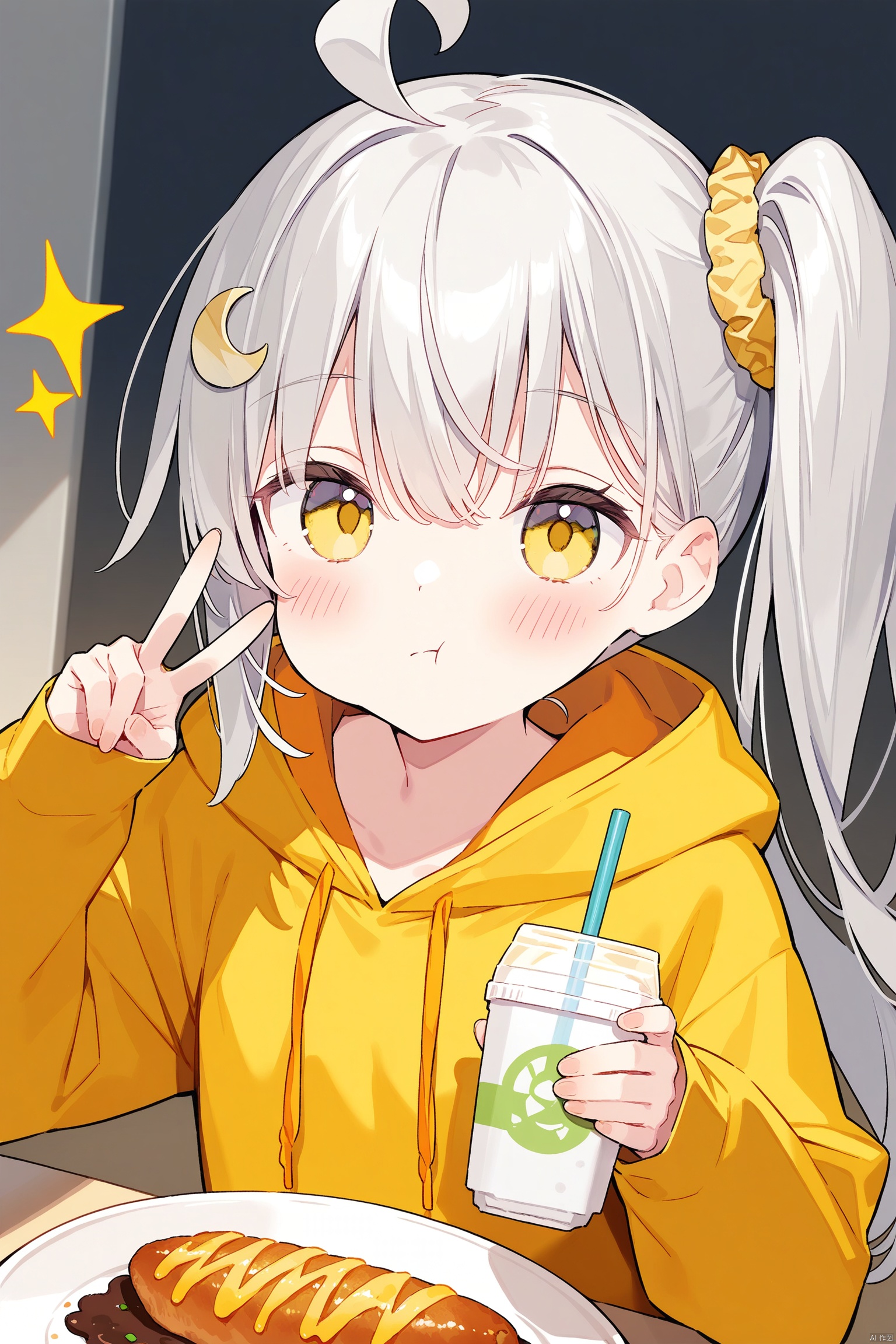 i,best quality, amazing quality, very aesthetic,long hair, 1girl, hood, solo, side_ponytail, hoodie, blush, long_hair, orange_hoodie, holding, upper_body, v, looking_at_viewer, ahoge, hair_between_eyes, grey_hair, long_sleeves, yellow_eyes, bangs, sleeves_past_wrists, closed_mouth, hair_ornament, hood_down, :t, food, sparkle, hair_scrunchie