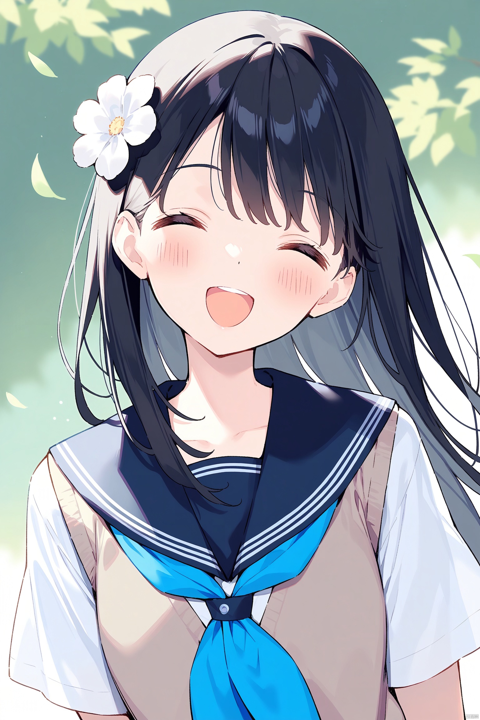 1girl, solo, closed eyes, smile, open mouth, blush, hair ornament, sailor collar, hair flower, blue neckerchief, upper body, school uniform, shirt, flower, black hair, teeth, long hair, facing viewer, neckerchief, white flower, white shirt, :d, sweater vest, upper teeth only, happy, serafuku, blue sailor collar, floating hair, ^_^, black sailor collar, vest, wind