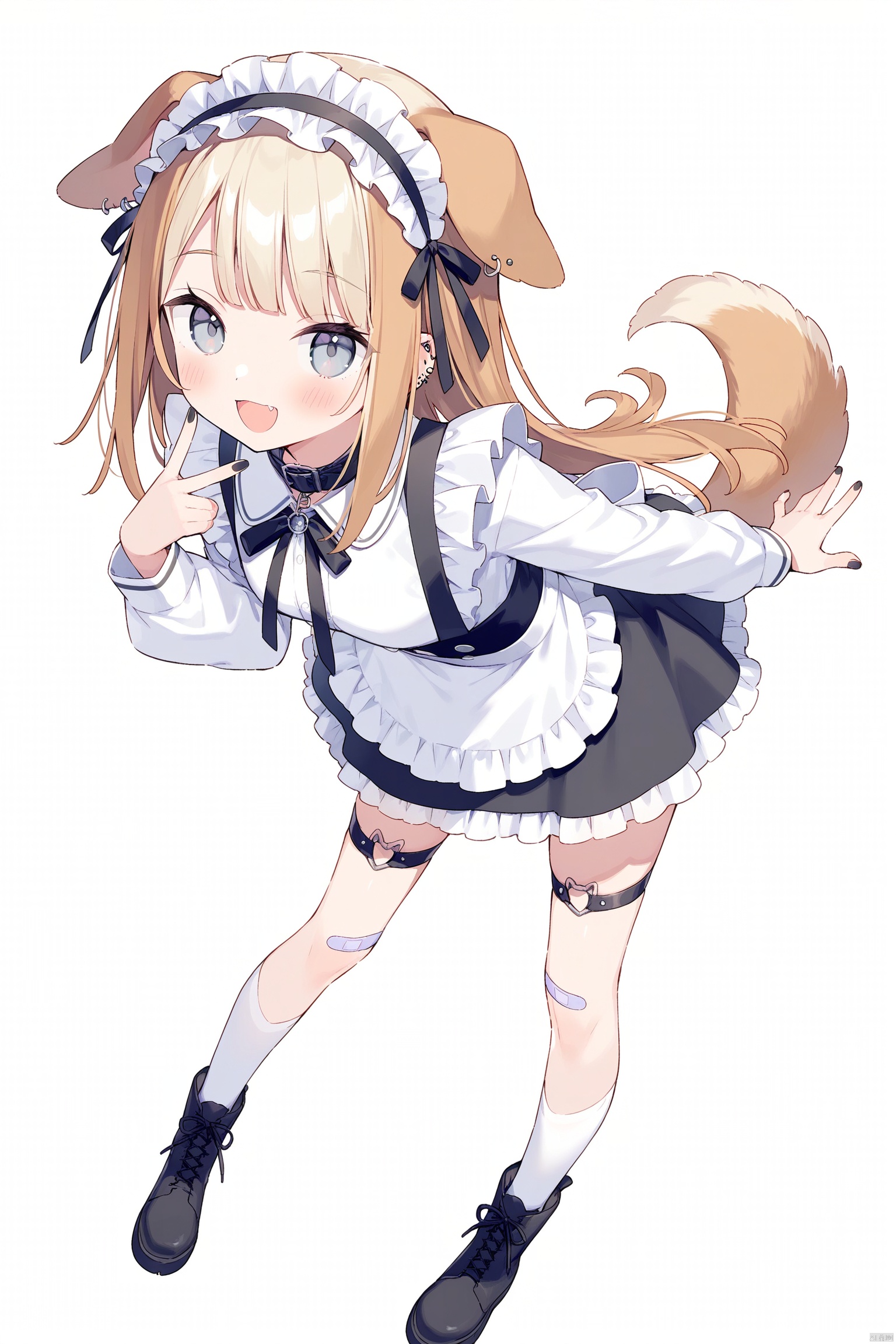 1girl, solo, long hair, looking at viewer, blush, smile, open mouth, bangs, blue eyes, skirt, blonde hair, simple background, brown hair, shirt, long sleeves, white background, bow, ribbon, animal ears, jewelry, standing, tail, full body, white shirt, :d, hairband, earrings, boots, frills, socks, fang, black footwear, apron, collar, grey eyes, maid headdress, black ribbon, thigh strap, leaning forward, piercing, white socks, ear piercing, dog ears, black nails, bandaid, dog tail, dog girl, frilled hairband, bandaid on leg, bandaid on knee
