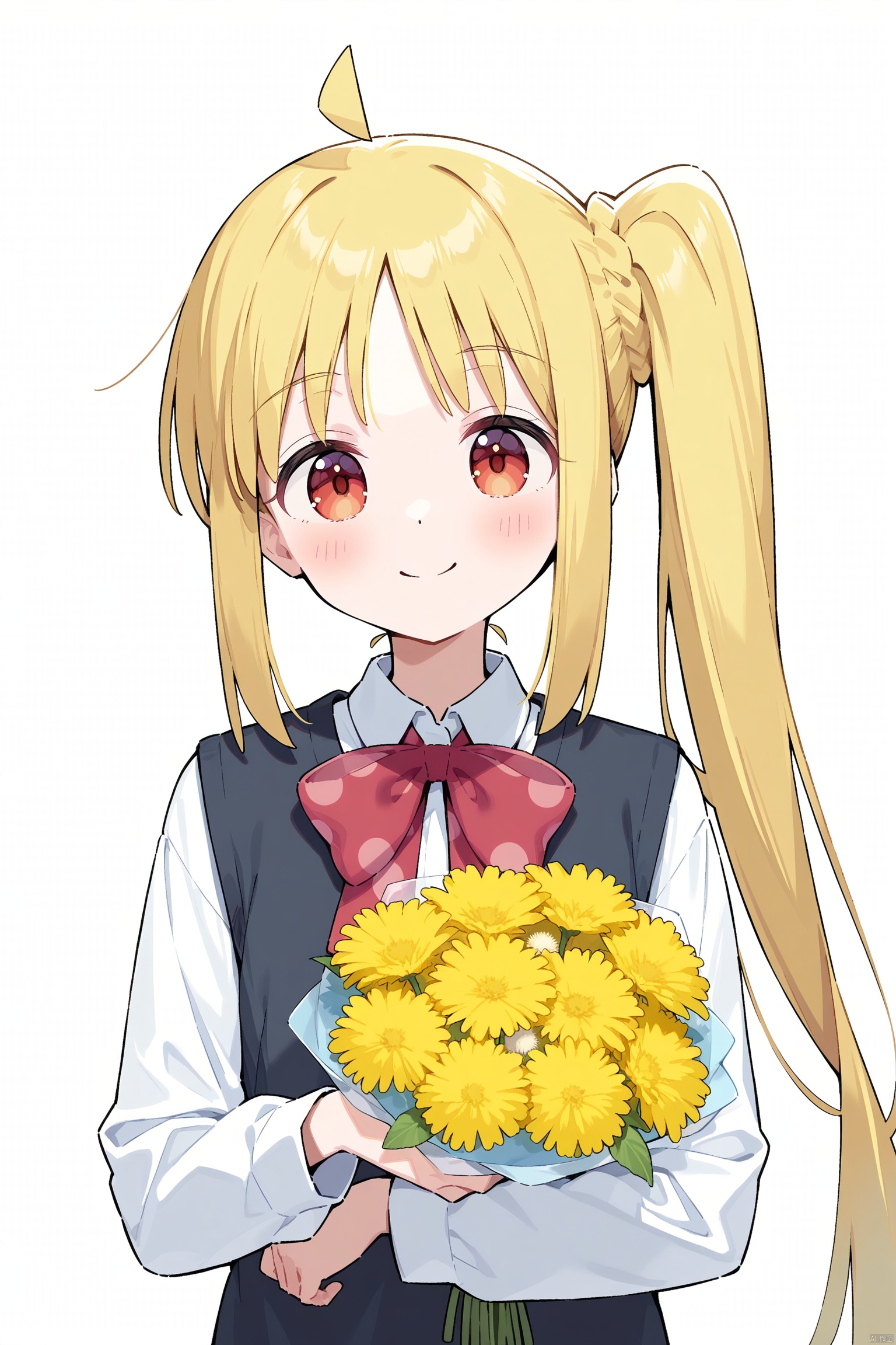 1girl, ijichi nijika, blonde hair, solo, ahoge, long hair, flower, shirt, looking at viewer, bow, red eyes, white shirt, side ponytail, holding, yellow flower, holding flower, smile, red bow, dandelion, upper body, long sleeves, closed mouth, collared shirt, bowtie, polka dot bow, white background, polka dot, detached ahoge, simple background, red bowtie, school uniform, sidelocks, blush, bouquet, black vest, straight-on