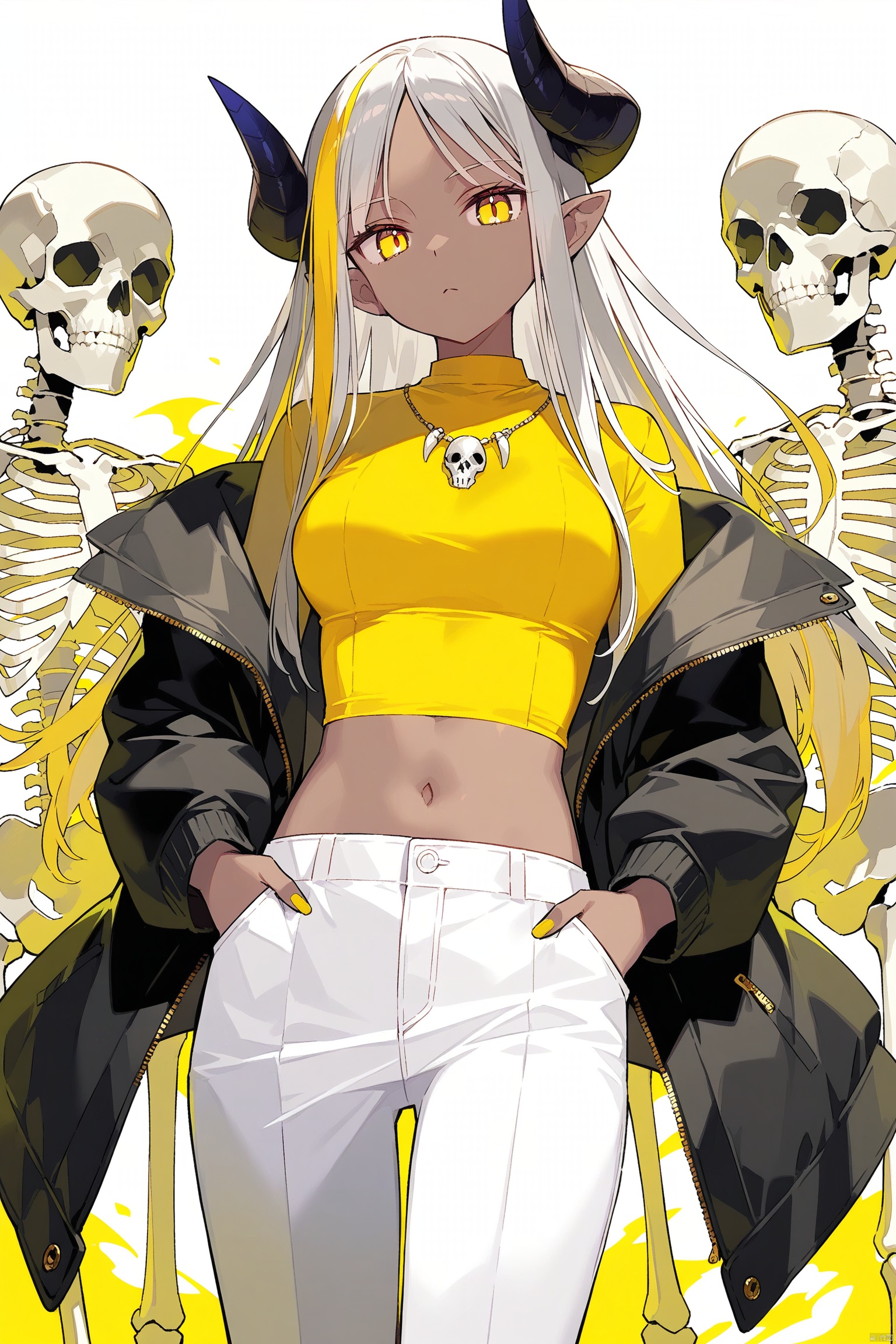1girl, solo, long hair, breasts, looking at viewer, bangs, blonde hair, shirt, long sleeves, jewelry, medium breasts, closed mouth, jacket, yellow eyes, grey hair, multicolored hair, cowboy shot, open clothes, horns, pointy ears, midriff, pants, dark skin, necklace, off shoulder, open jacket, dark-skinned female, streaked hair, black jacket, crop top, zipper, skull, yellow shirt, hands in pockets, skeleton, yellow theme