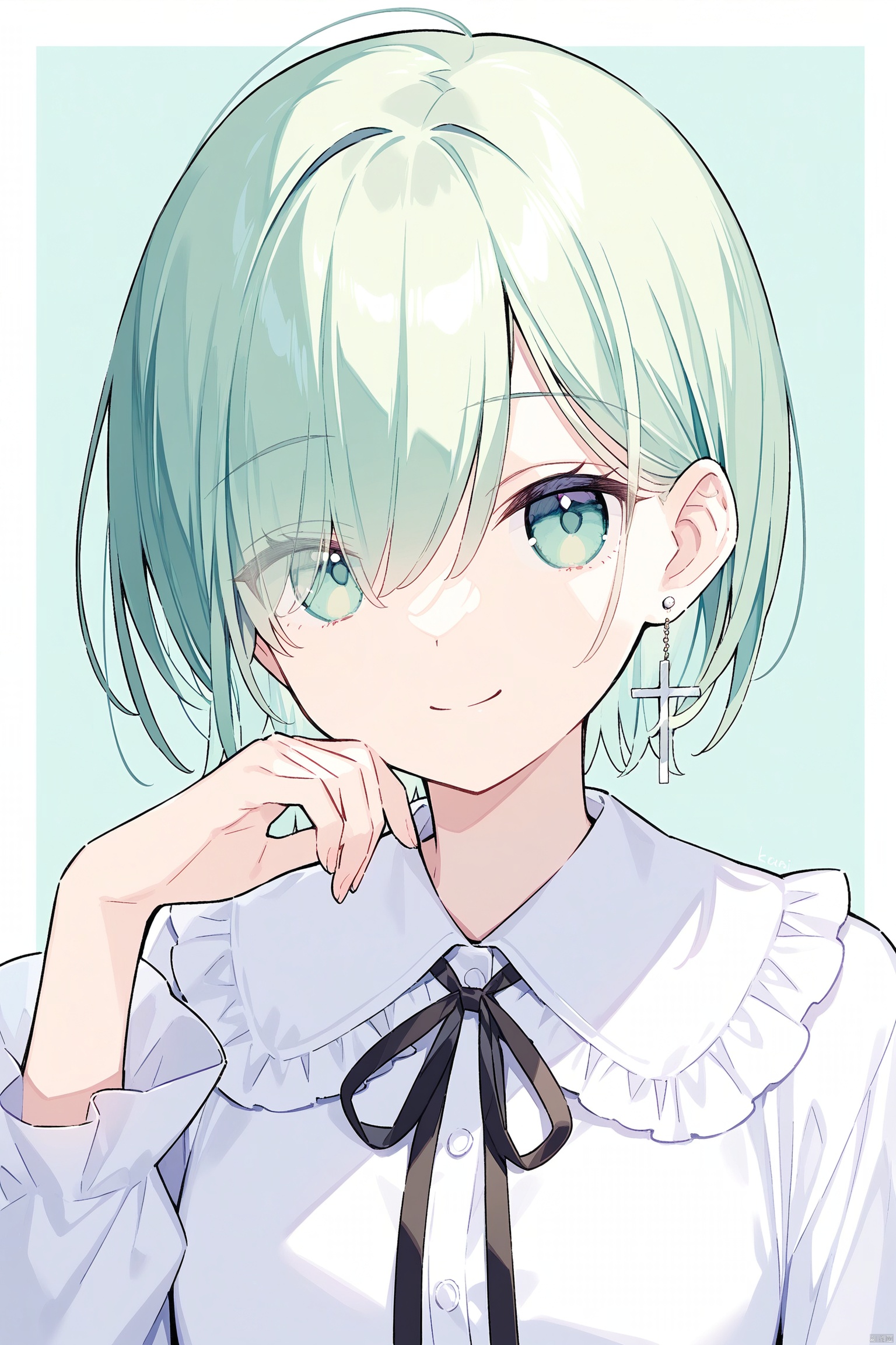 1girl, solo, looking at viewer, smile, short hair, bangs, simple background, shirt, long sleeves, ribbon, jewelry, closed mouth, green eyes, white shirt, upper body, earrings, frills, green hair, collared shirt, artist name, hair over one eye, black ribbon, neck ribbon, border, eyes visible through hair, white border, green background, frilled shirt collar, green theme, cross earrings