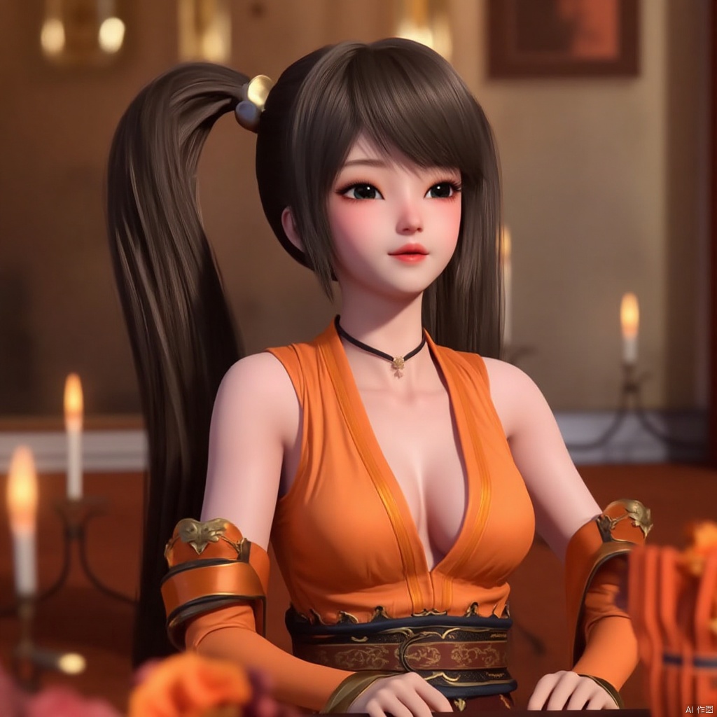 , (,1girl, ,best quality, ),,  ,ultra realistic 8k cg,, ,masterpiece, (( , )),, ,      ,  orange blossoms,  (cleavage),,  (), ,(sit),