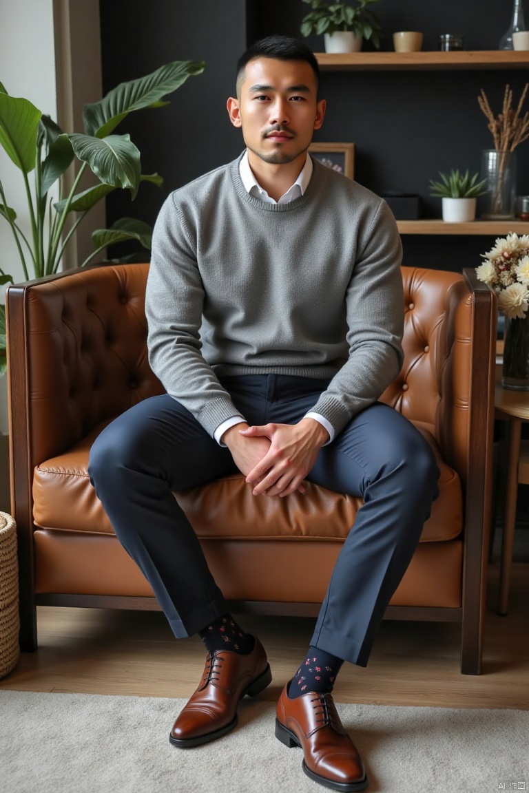 jzns, 1man,fashion model,asian,exquisite facial features,handsome,Business fashion,wearing sweater,shirt,pants,dark Pattern socks,Oxford style footwear,sitting,full body,indoors, natural  Lighting,magnificent,,masterpiece, realistic, best quality, highly detailed,wjc,mature male
