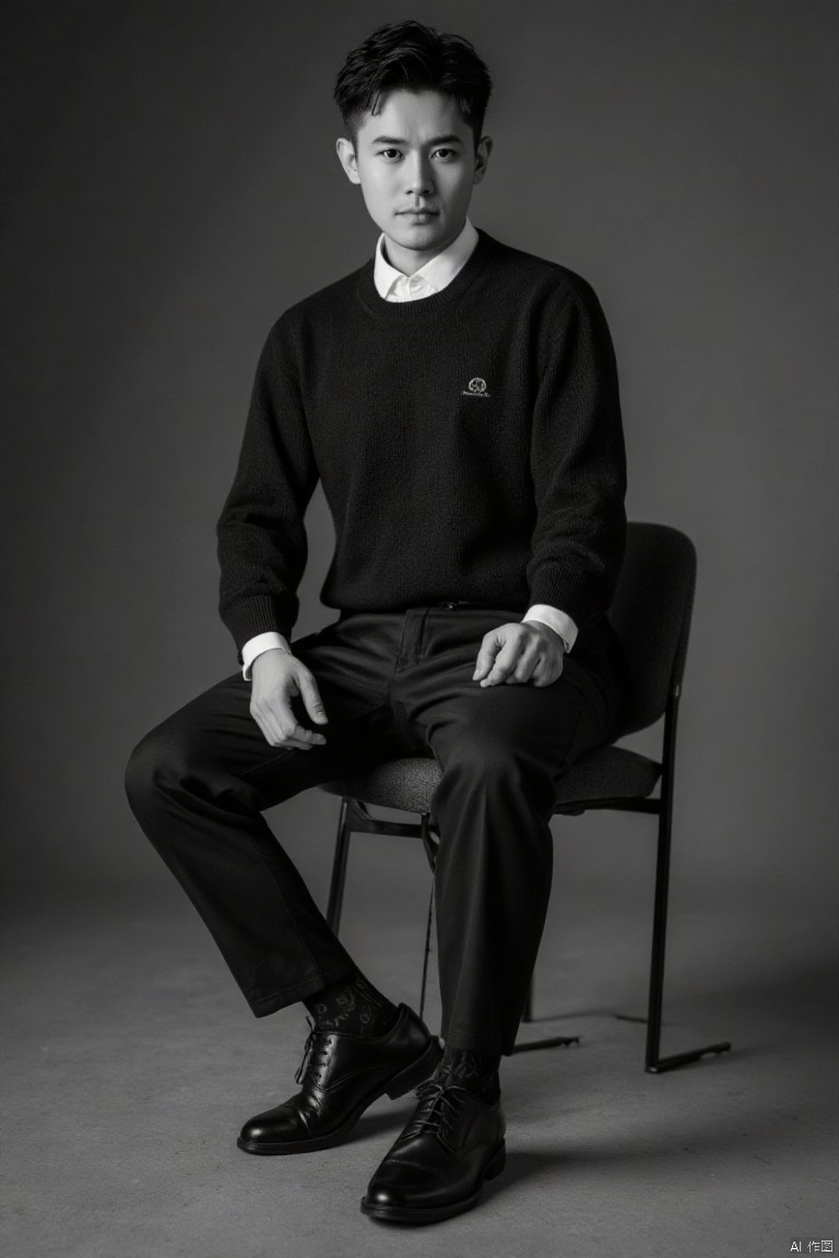 jzns, 1man,fashion model,asian,exquisite facial features,handsome,Business fashion,wearing sweater,shirt,pants,dark Pattern socks,Oxford style footwear,sitting on chair,full body,indoors, natural  Lighting,magnificent,,masterpiece, realistic, best quality, highly detailed,wjc