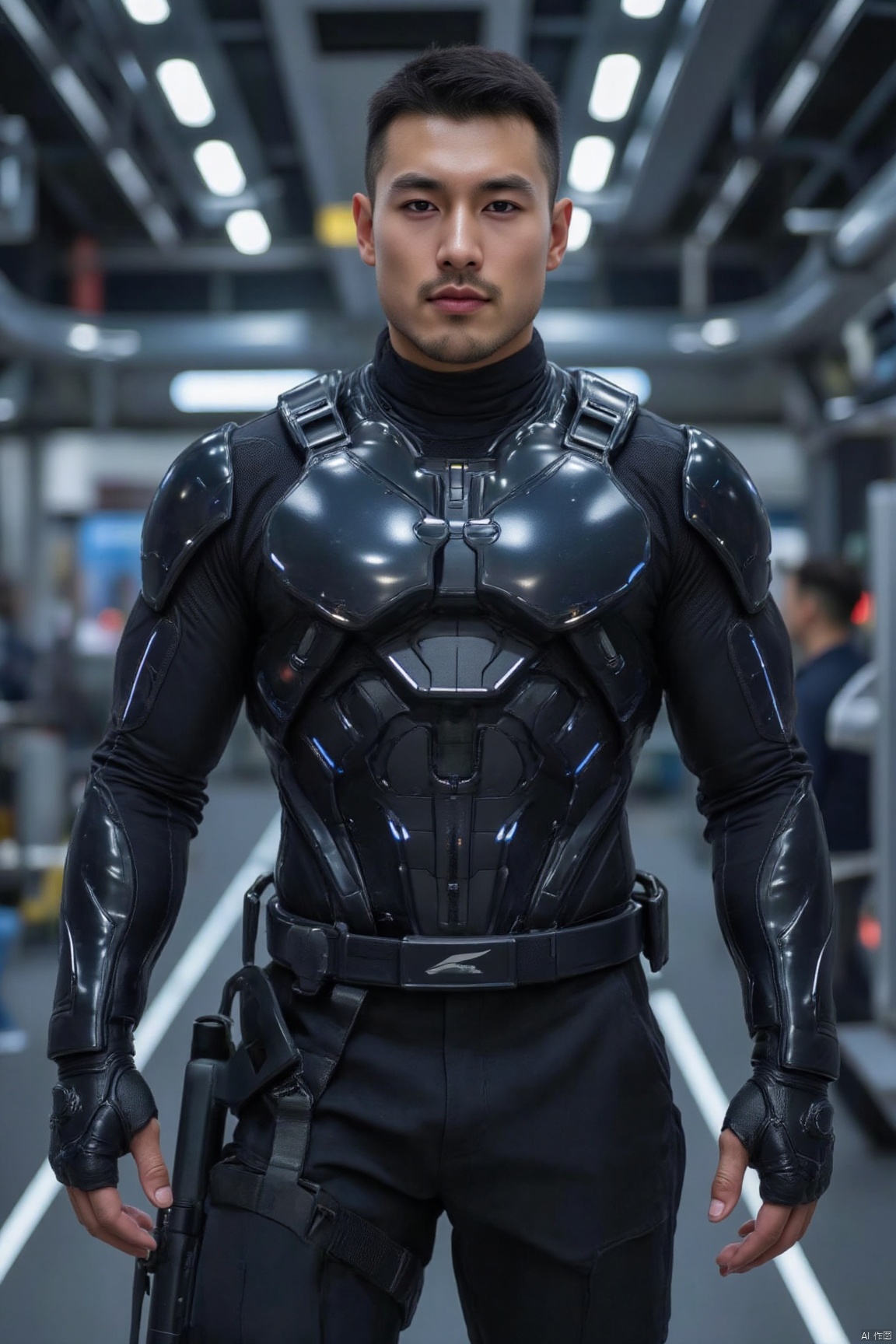 1man,solo,realistic,male focus, muscular, Skin texture,Future style gel coat,Future Combat Suit,Glowing Clothing,Laser gun,Future Technology Space Station,full body,high detail, ultra-high resolution,32K UHD, clear focus, best quality, masterpiece,jzns,plns,flim rendering