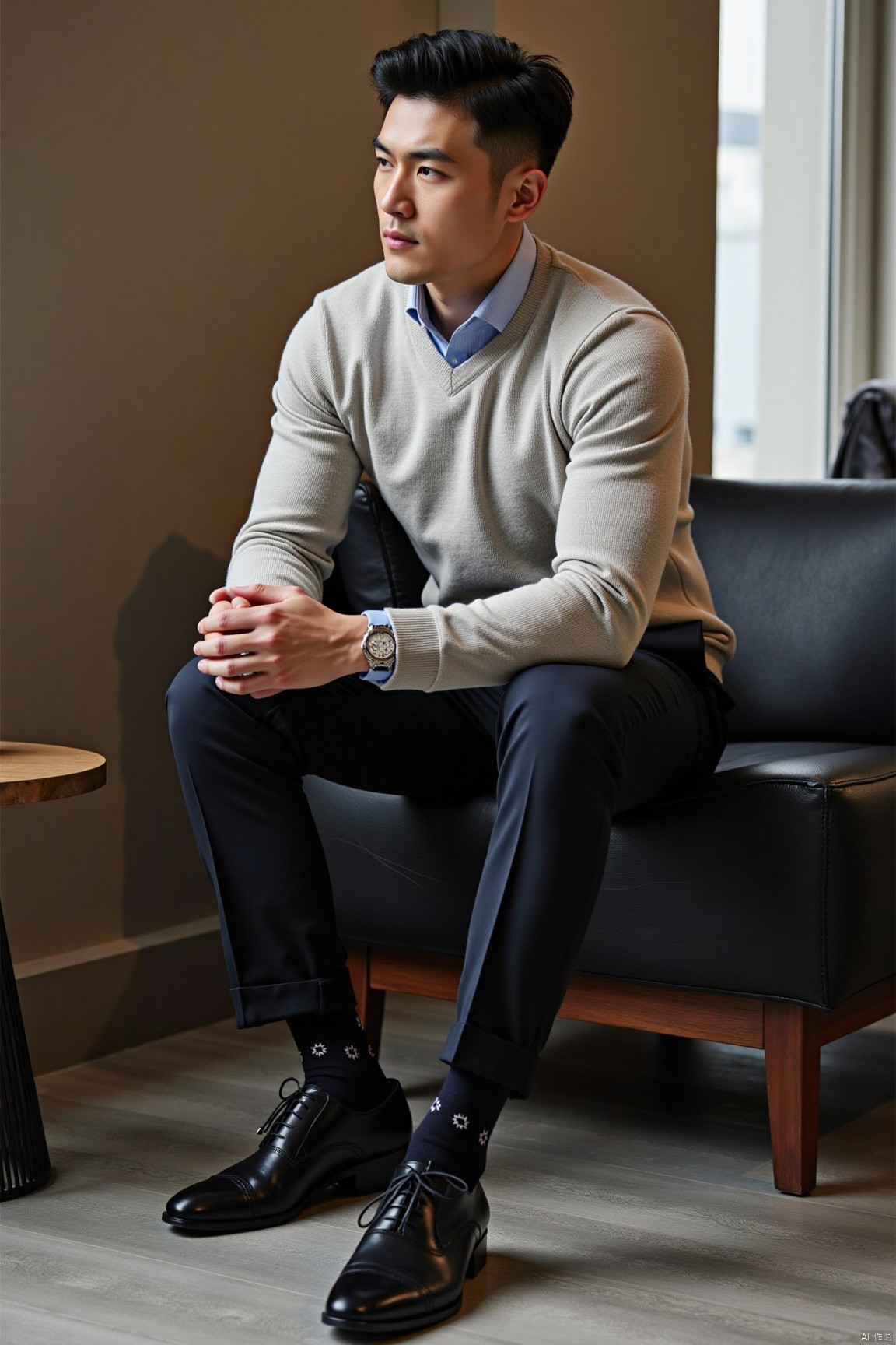 jzns, 1man,fashion model,asian,exquisite facial features,handsome,Business fashion,wearing sweater,shirt,pants,dark Pattern socks,Oxford style footwear,sitting,full body,indoors, natural  Lighting,magnificent,,masterpiece, realistic, best quality, highly detailed,
