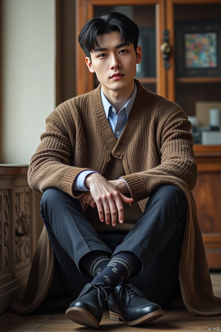 jzns, 1man,fashion model,asian,exquisite facial features,handsome,Business fashion,wearing sweater,shirt,pants,dark Pattern socks,Oxford style footwear,sitting,full body,indoors, natural  Lighting,magnificent,,masterpiece, realistic, best quality, highly detailed,brn