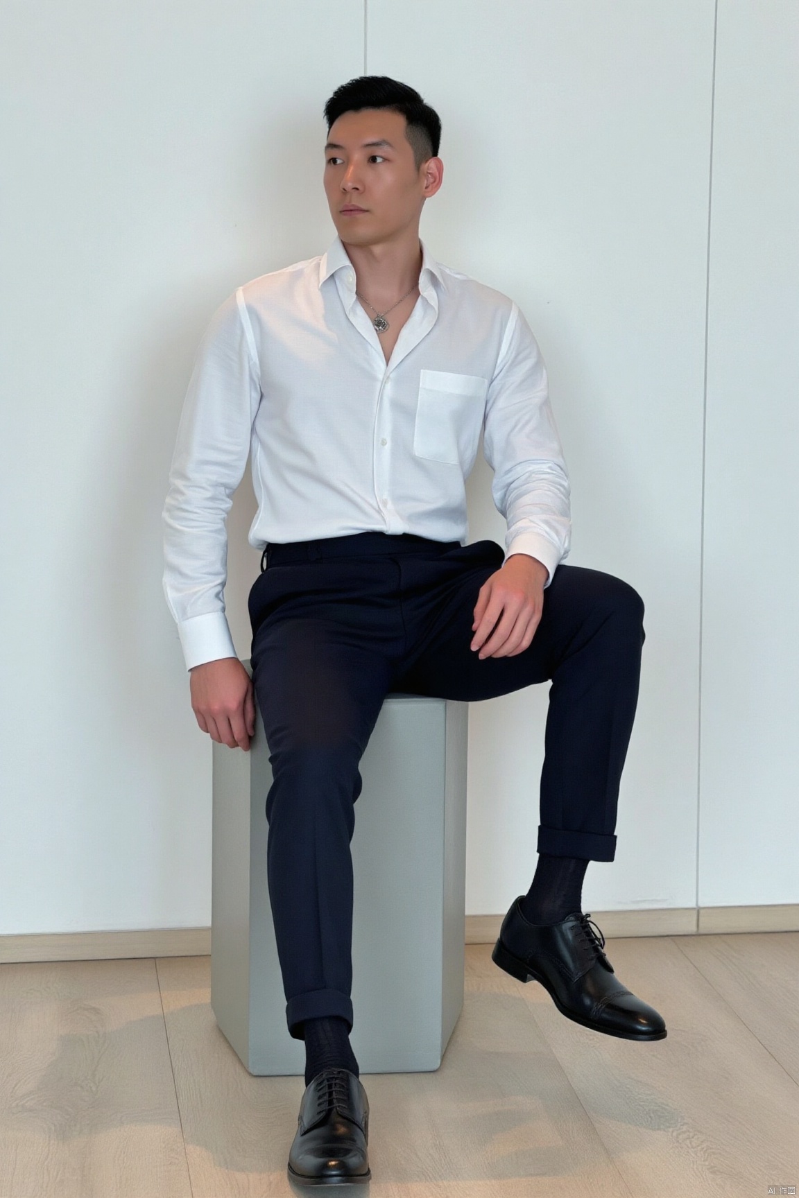 jzns, 1man,fashion model,male focus,asian,exquisite facial features,handsome,Business fashion,wearing open white shirt with a black tie around his neck,tight shorts,dark Pattern kneehigh socks,Oxford style footwear,full body,sitting,in luxury hotel, photo background,perfect background, magnificent, masterpiece, realistic, best quality, highly detailed,brn
