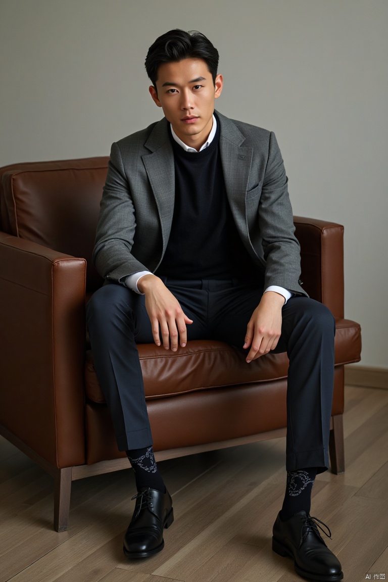 jzns, 1man,fashion model,asian,exquisite facial features,handsome,Business fashion,wearing sweater,shirt,pants,dark Pattern socks,Oxford style footwear,sitting,full body,indoors, natural  Lighting,magnificent,,masterpiece, realistic, best quality, highly detailed,wjc