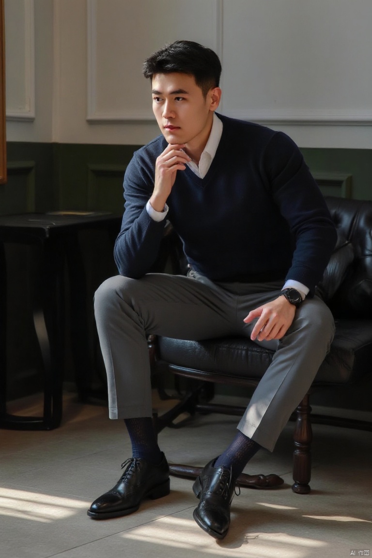 jzns, 1man,fashion model,asian,exquisite facial features,handsome,Business fashion,wearing sweater,shirt,pants,dark Pattern socks,Oxford style footwear,sitting,full body,indoors, natural  Lighting,magnificent,,masterpiece, realistic, best quality, highly detailed,wjc,mature male,zuk