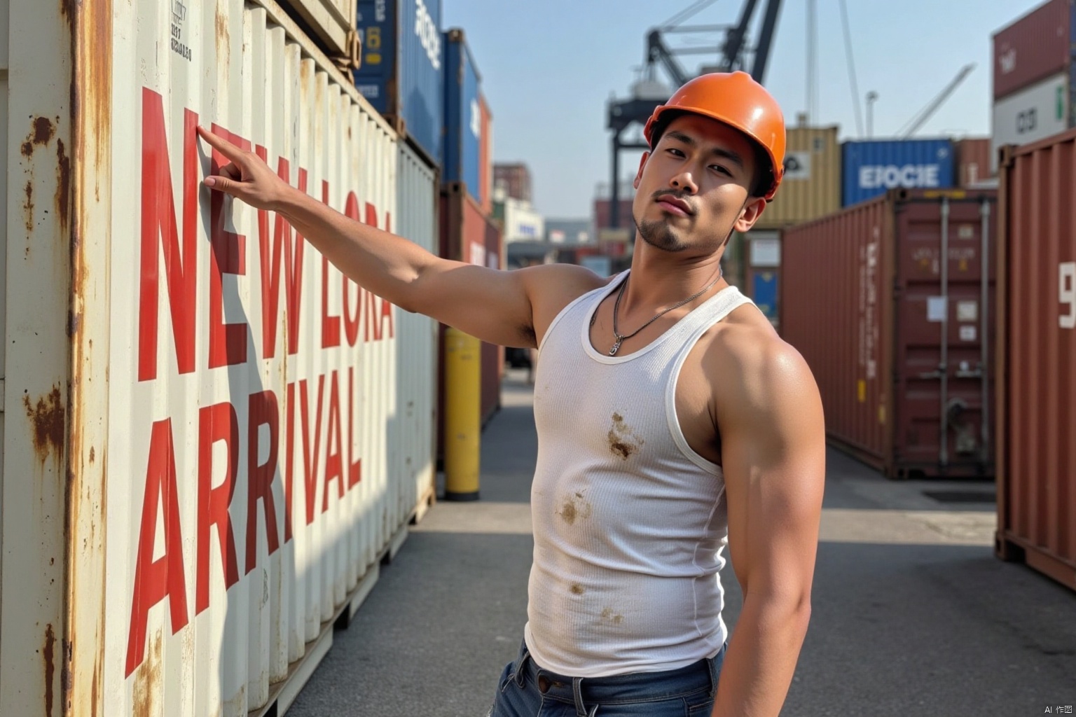 An endomorph Asian docker stands sideways as he points at a container printed with red "New Lora Arrival". He raises head proudly, puckering lips with a mischievous grimace, as he looks at the camera. He wears a sweat-stained white loose singlet, orange helmet, torn jeans, and a silver necklace around his neck, chiseled face framed by square jawline and dark stubbles. In a bustling port bathed in dappled sunlight.,plns
