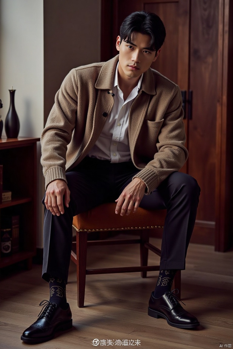 jzns, 1man,fashion model,asian,exquisite facial features,handsome,Business fashion,wearing sweater,shirt,pants,dark Pattern socks,Oxford style footwear,sitting,full body,indoors, natural  Lighting,magnificent,,masterpiece, realistic, best quality, highly detailed,wjc,mature male